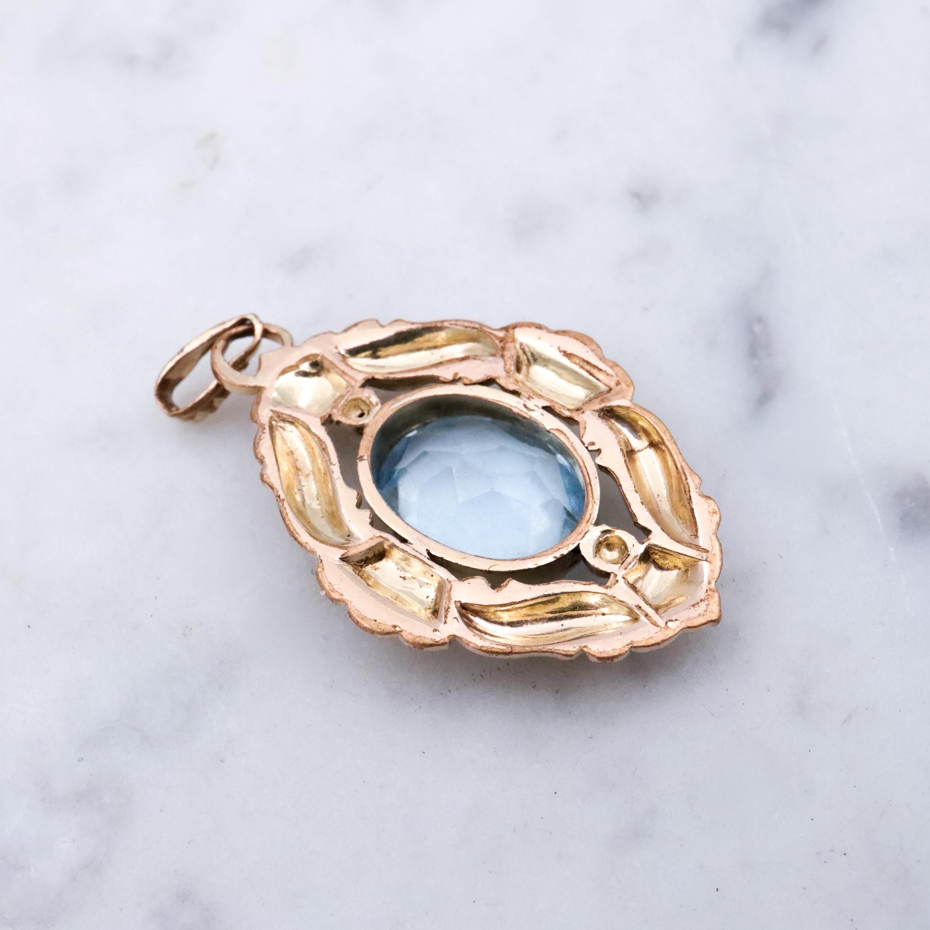 1930s Kollmar & Jourdan rolled gold aqua glass Rococo pendant