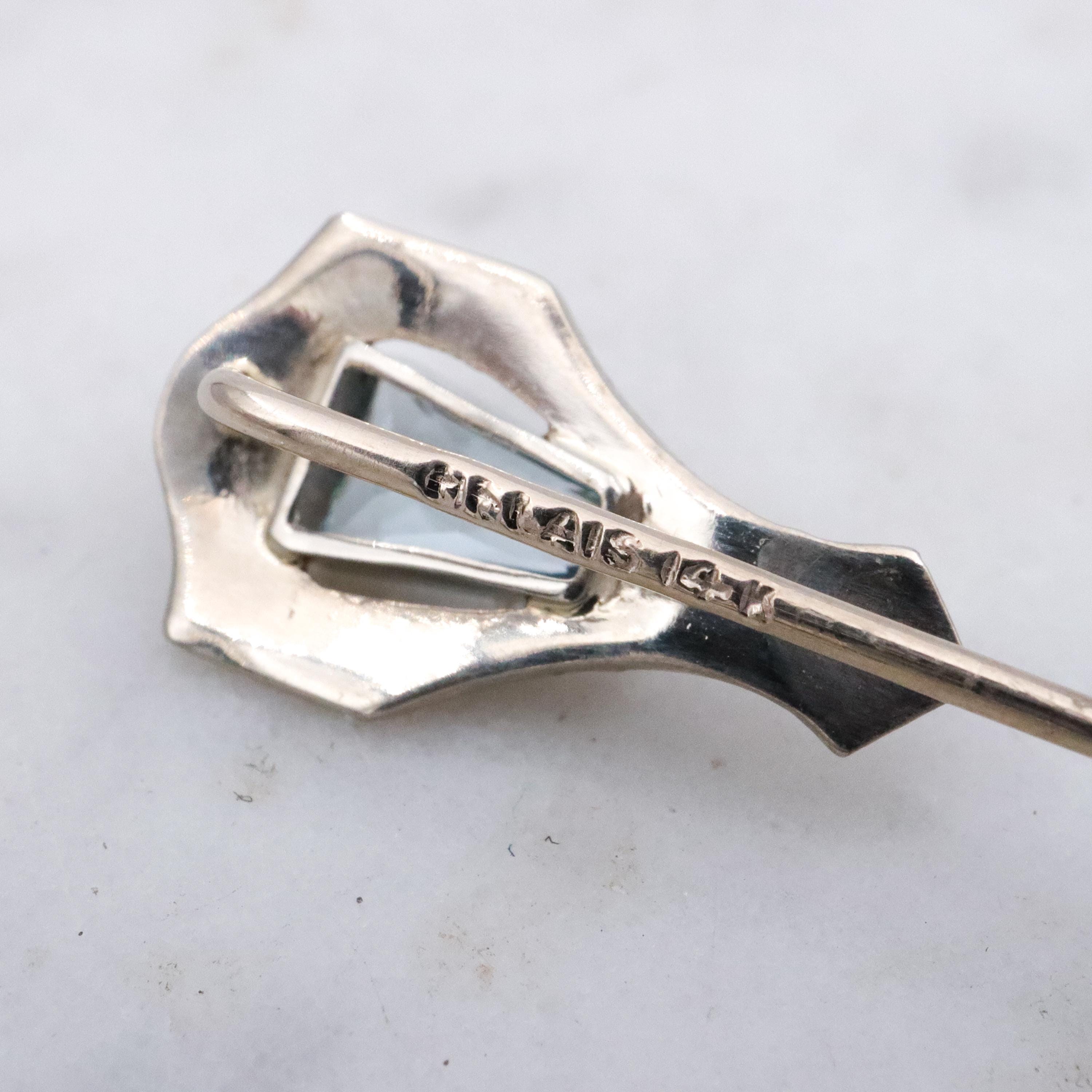 Antique Art Deco Belais 14k white gold aquamarine stick pin