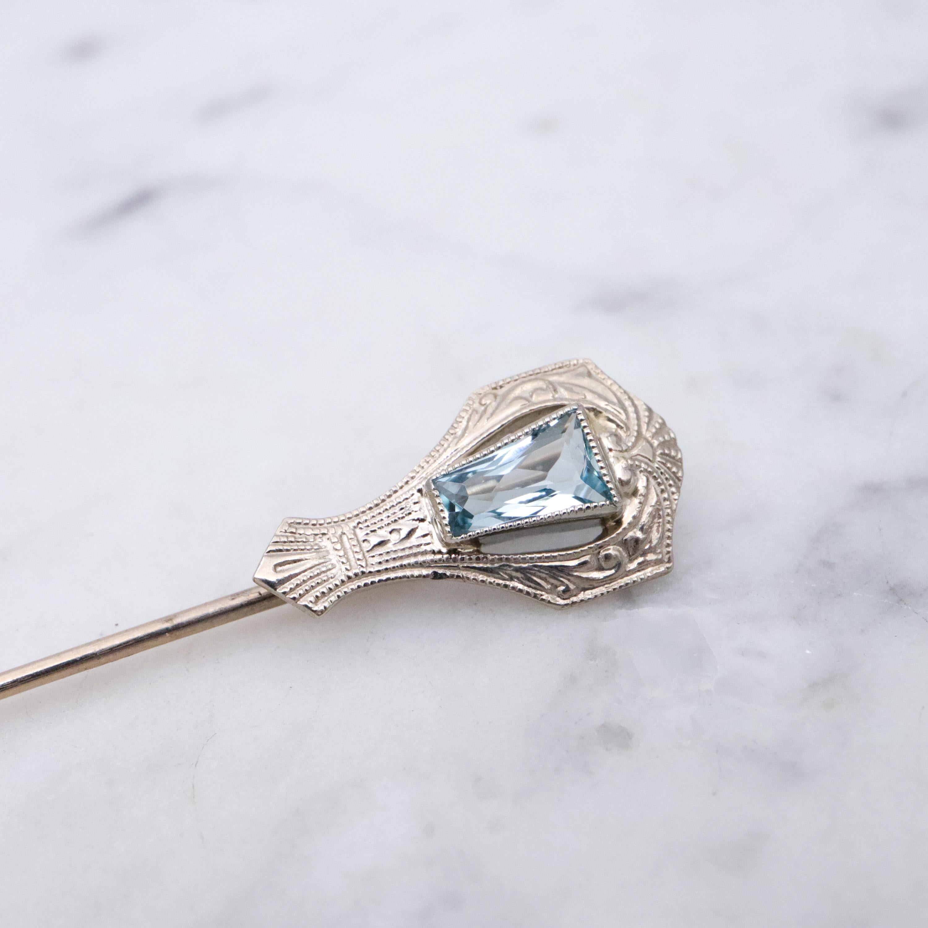 Antique Art Deco Belais 14k white gold aquamarine stick pin