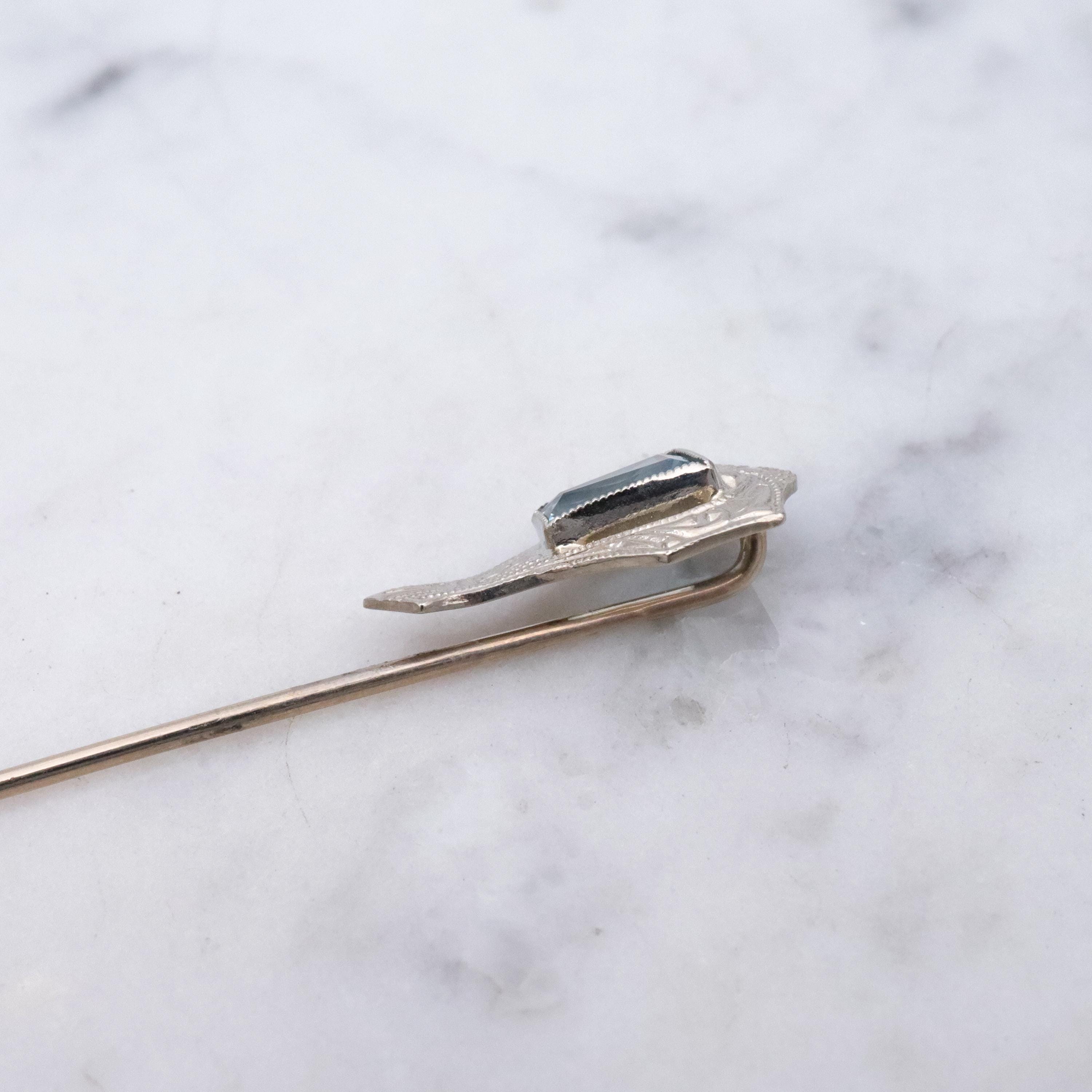 Antique Art Deco Belais 14k white gold aquamarine stick pin
