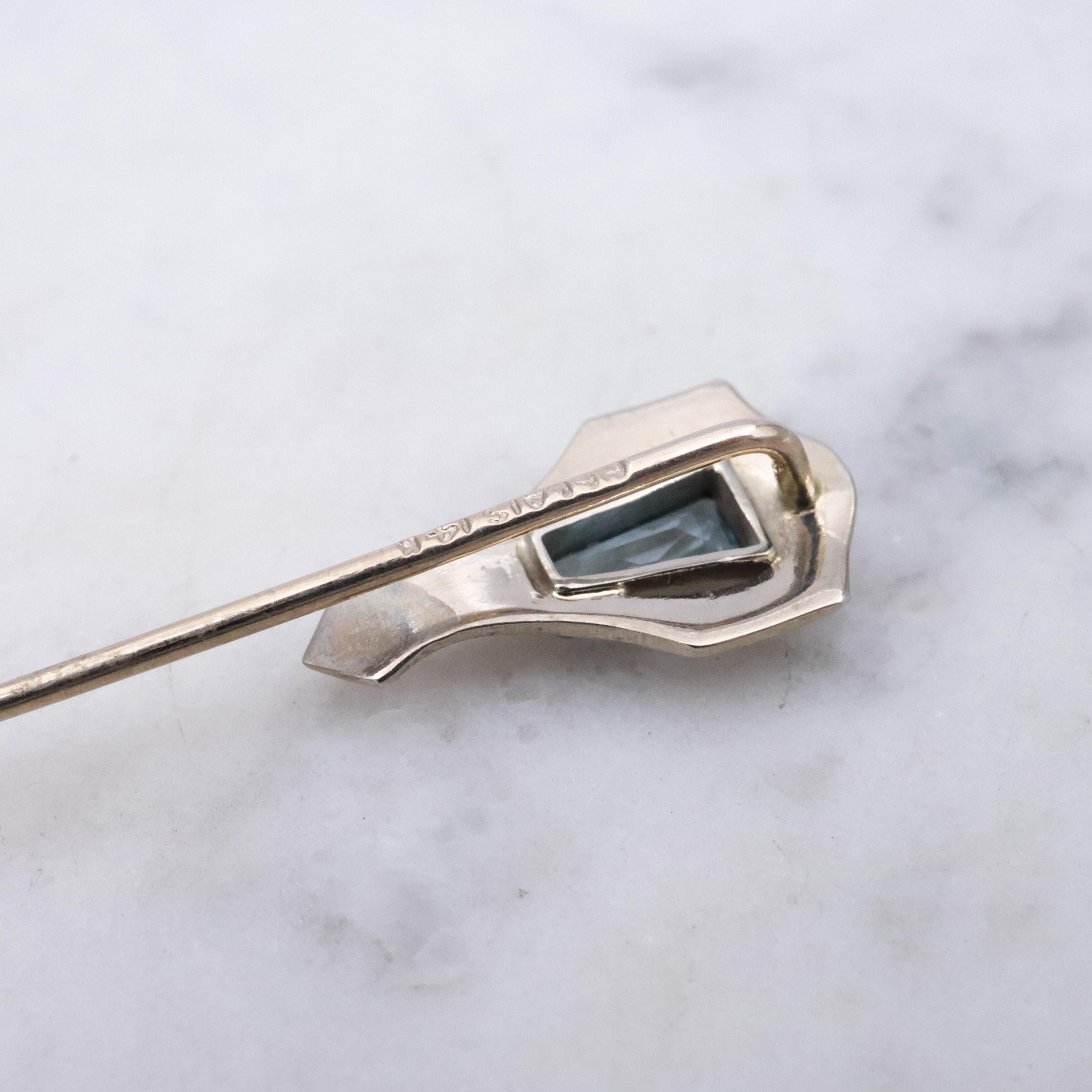 Antique Art Deco Belais 14k white gold aquamarine stick pin