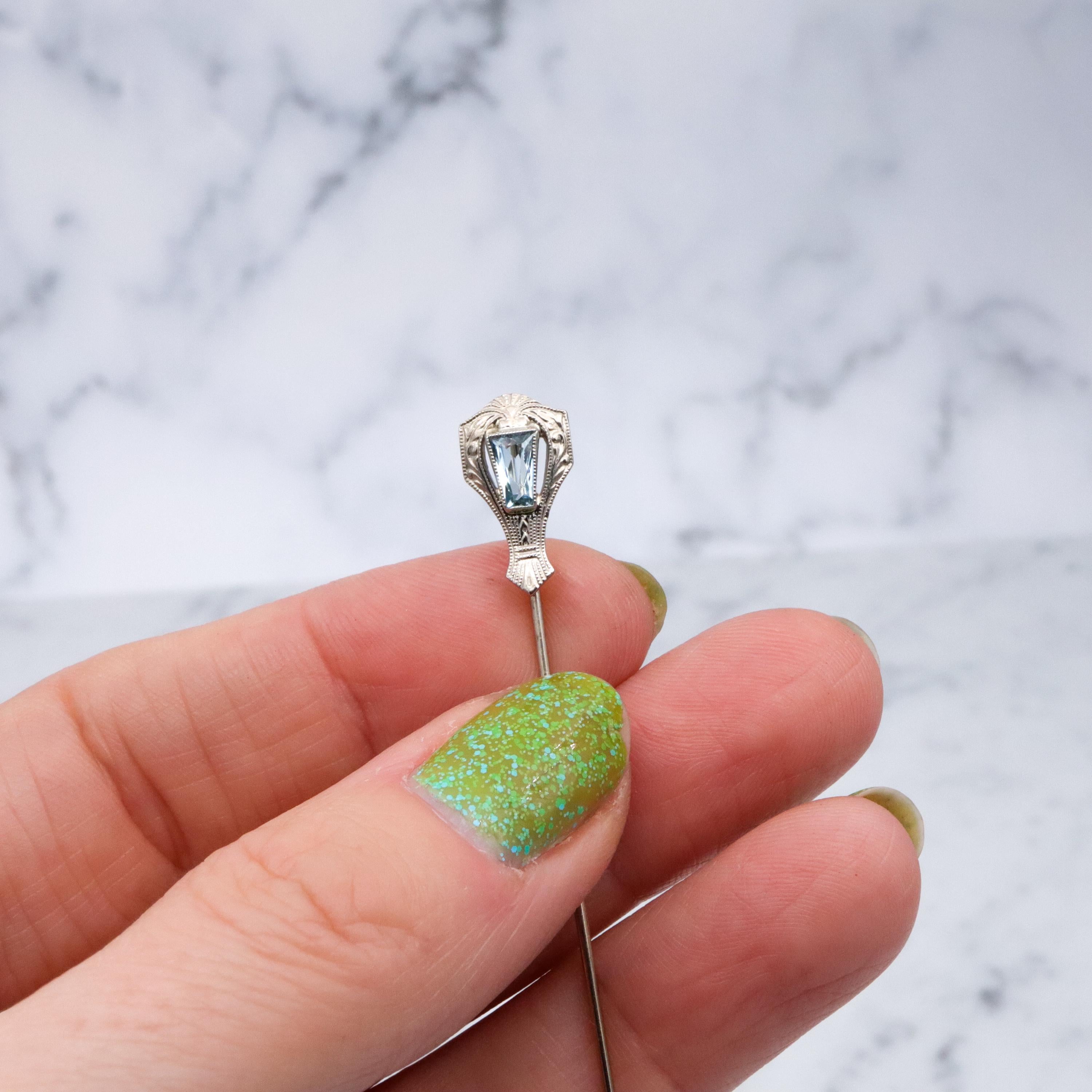 Antique Art Deco Belais 14k white gold aquamarine stick pin
