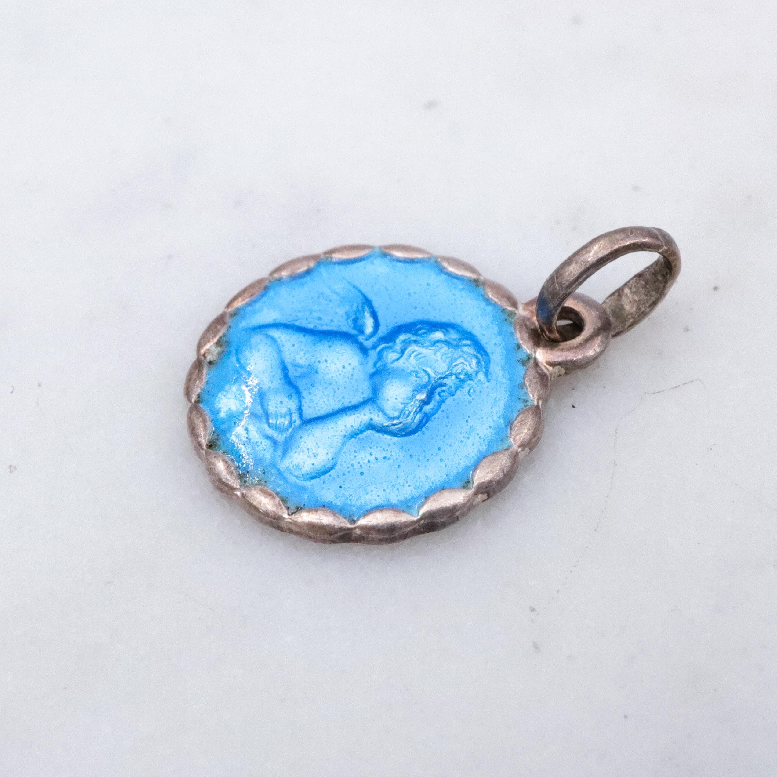 Antique German sterling blue enamel guardian angel medallion charm