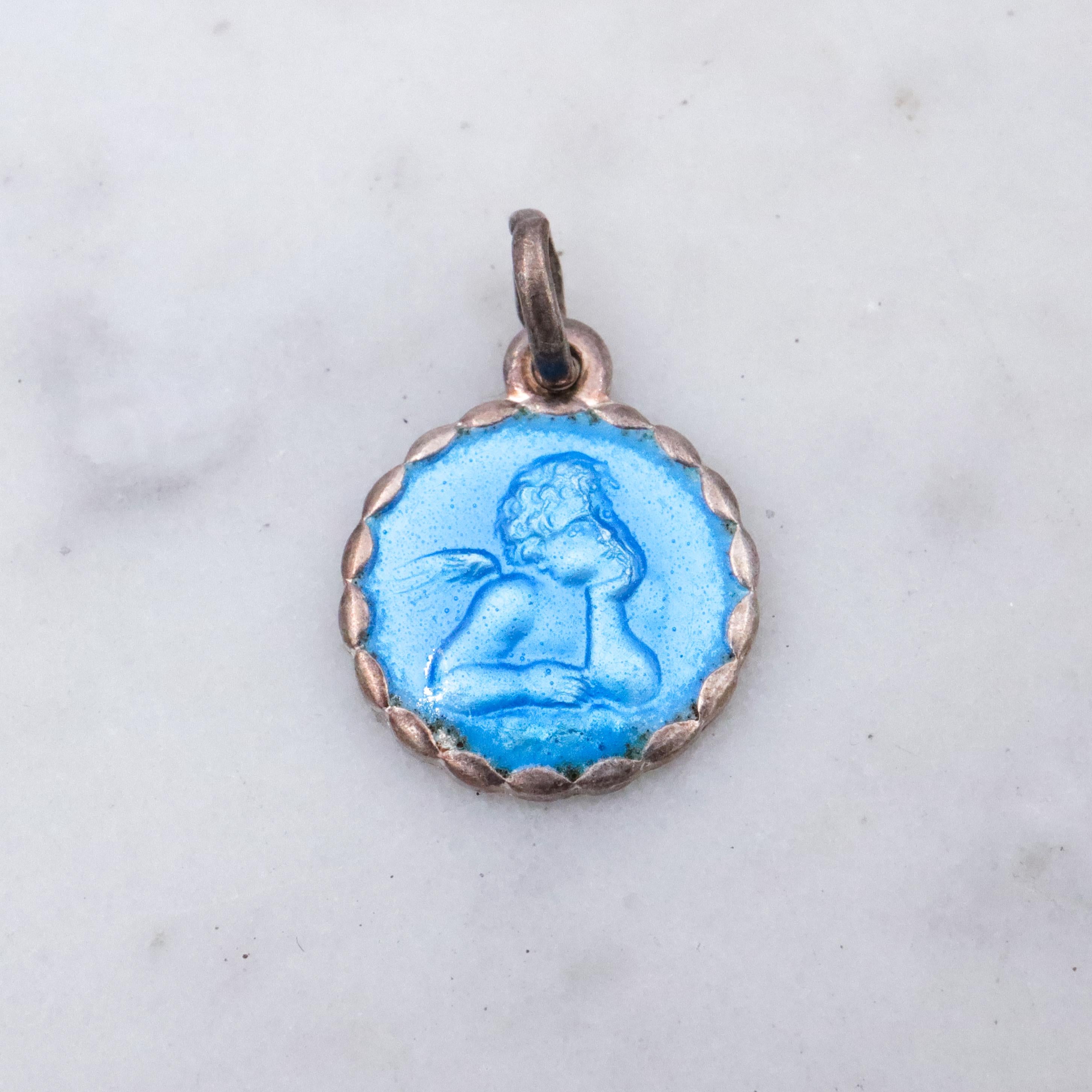 Antique German sterling blue enamel guardian angel medallion charm