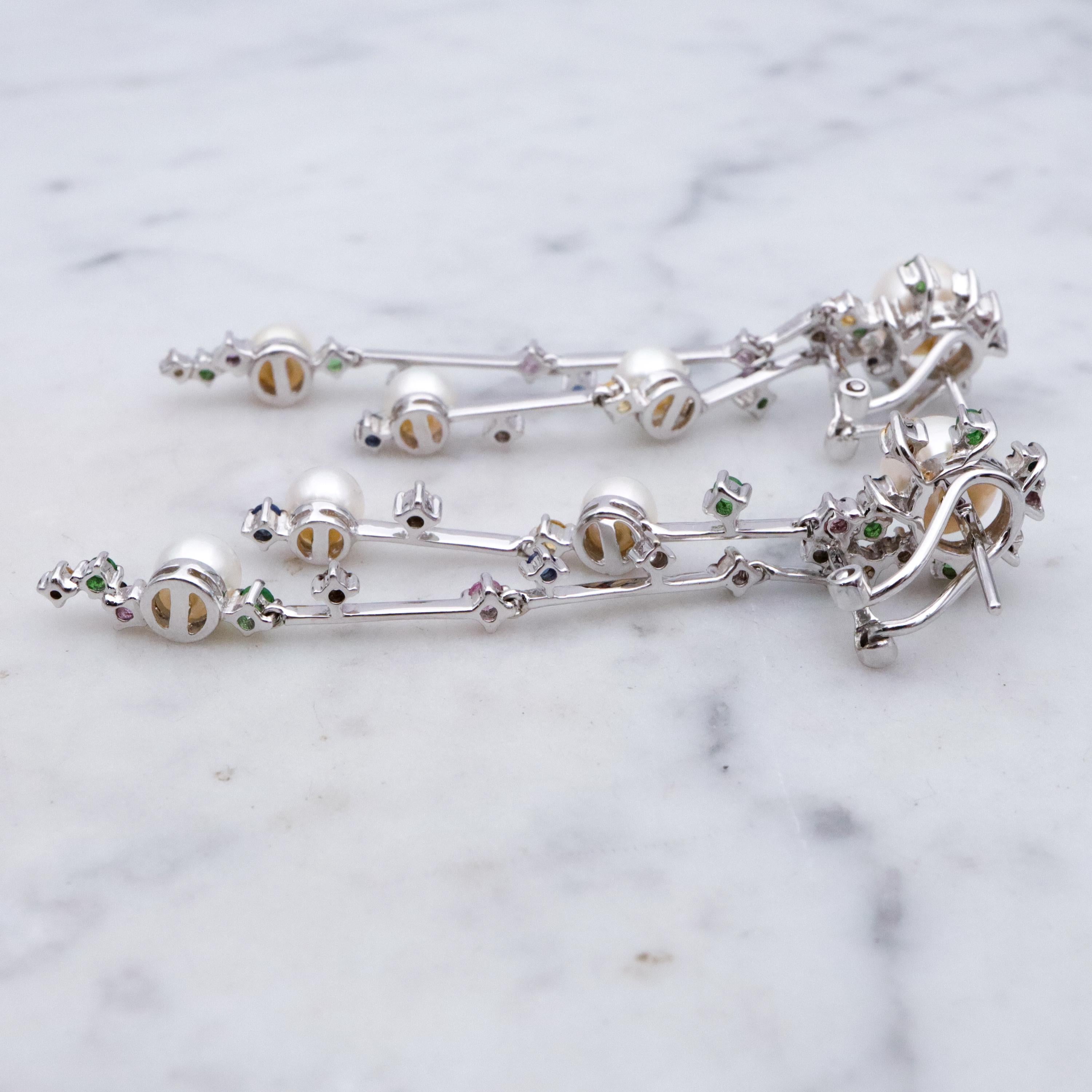 Funky retro 14k white gold pearl & multi-gemstone two strand drop earrings