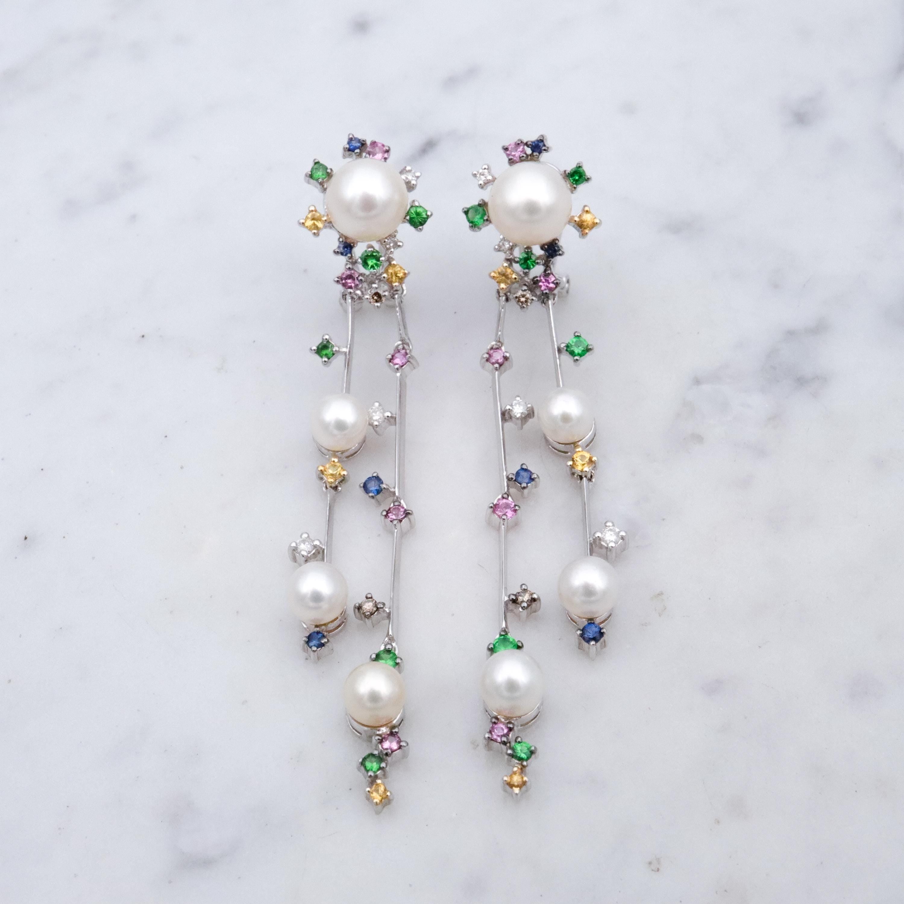 Funky retro 14k white gold pearl & multi-gemstone two strand drop earrings