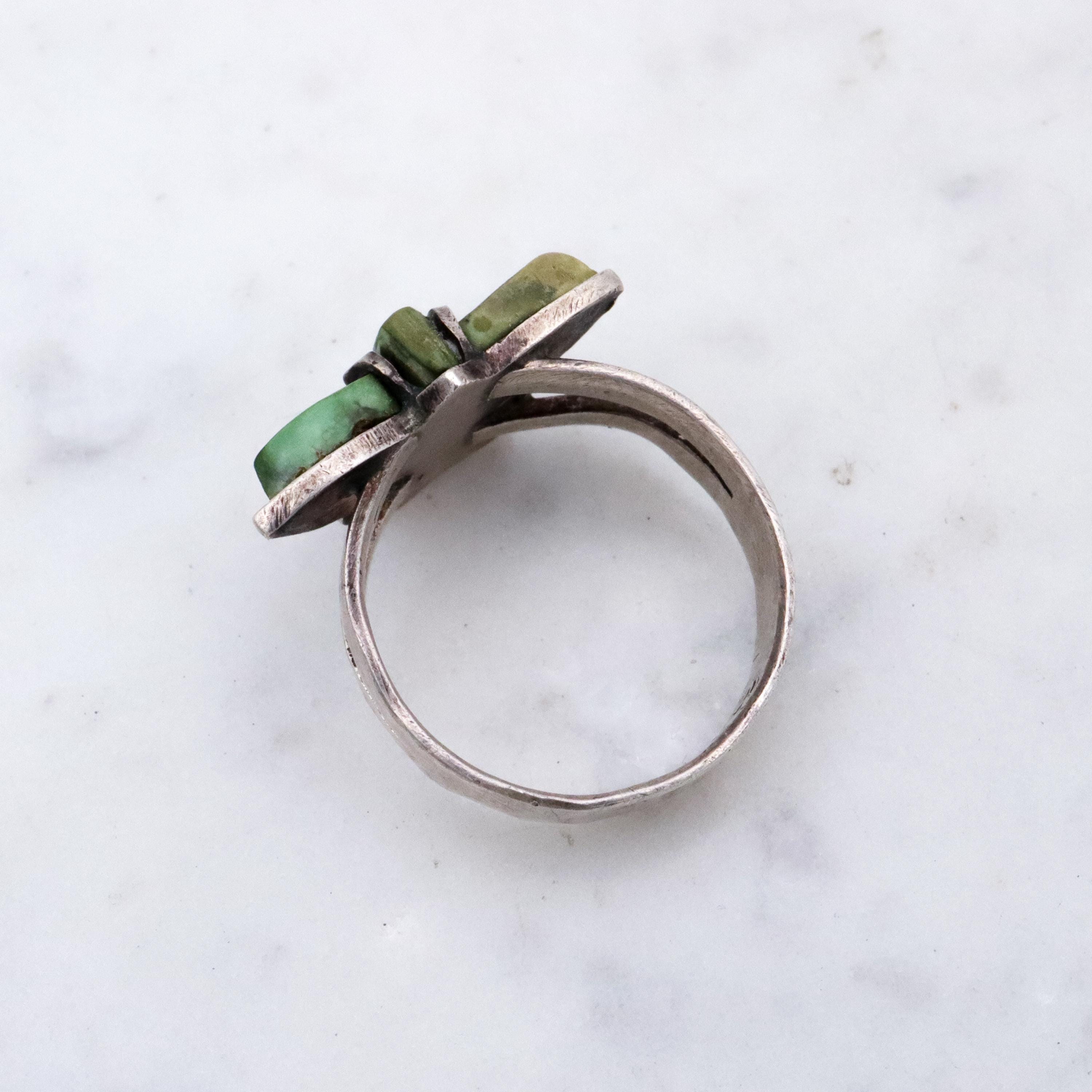 Vintage handmade carved turquoise butterfly hammered sterling ring, size 6