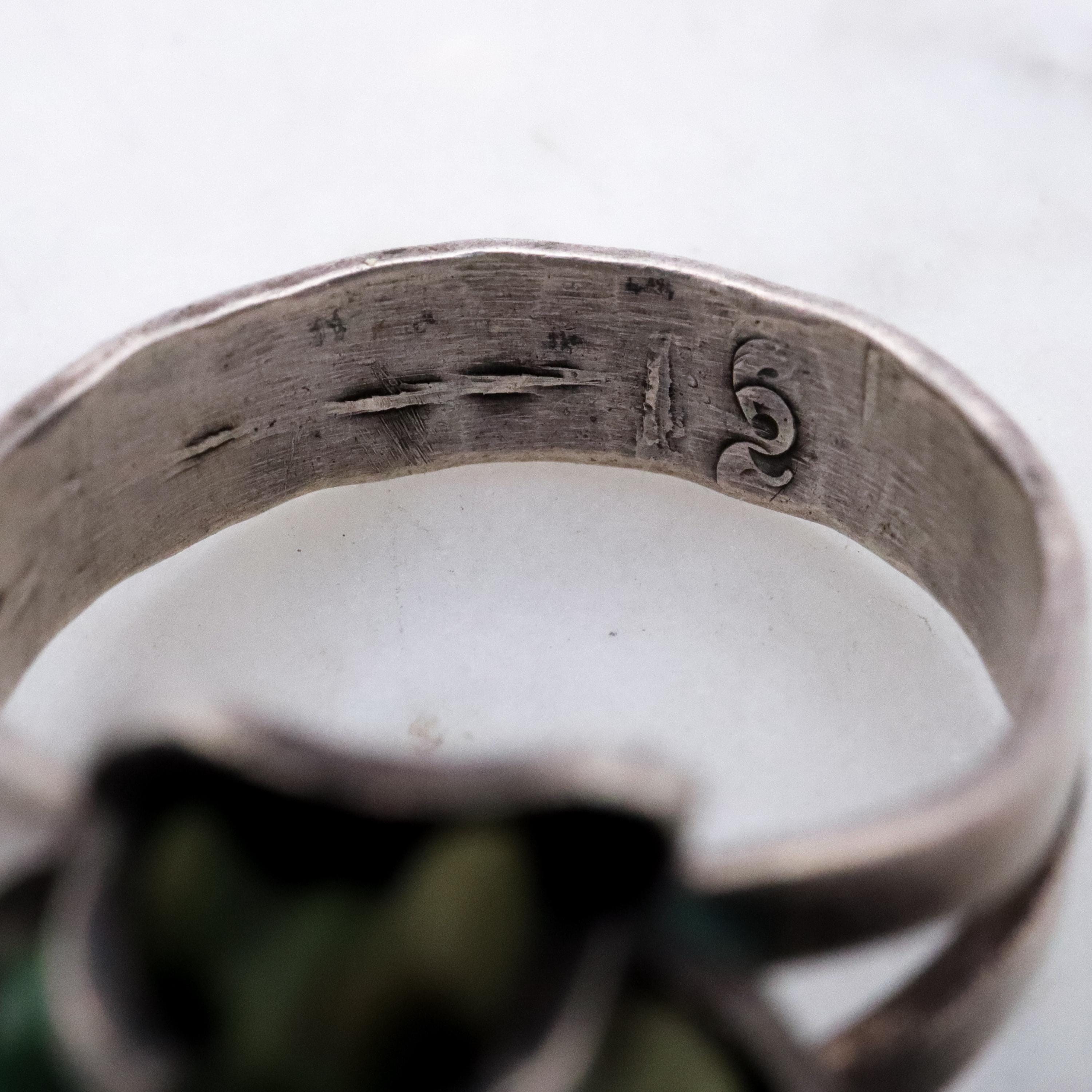 Vintage handmade carved turquoise butterfly hammered sterling ring, size 6