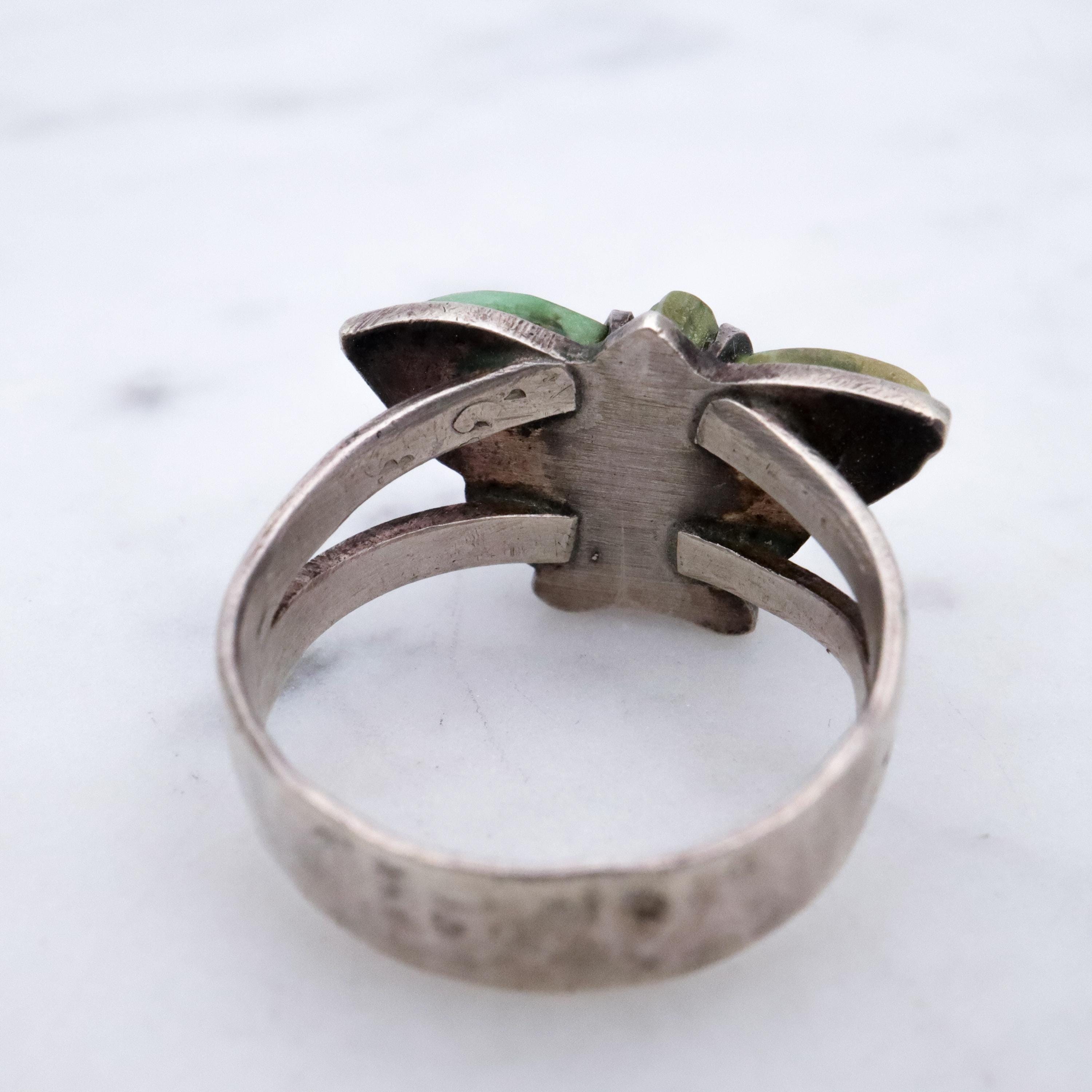 Vintage handmade carved turquoise butterfly hammered sterling ring, size 6