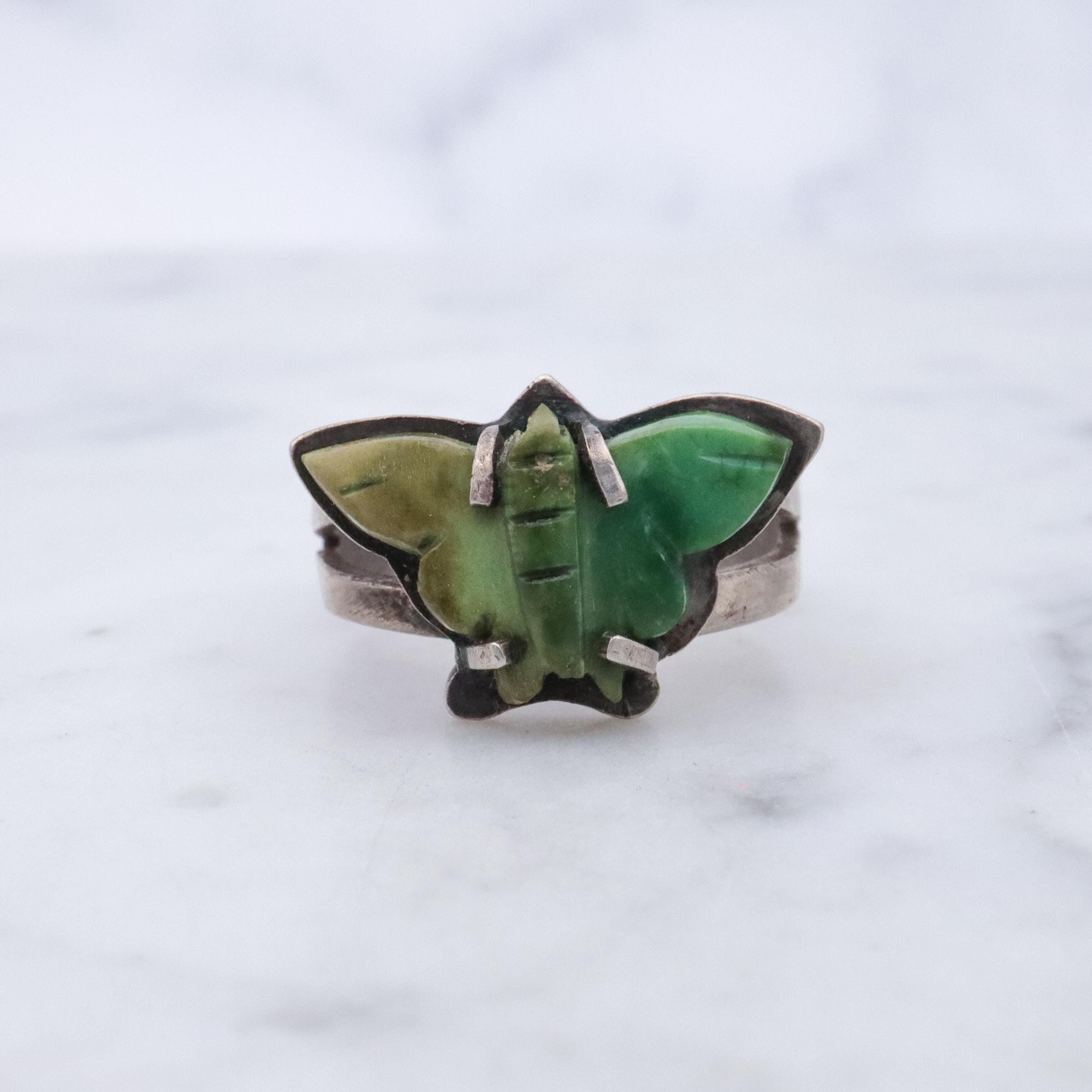 Vintage handmade carved turquoise butterfly hammered sterling ring, size 6