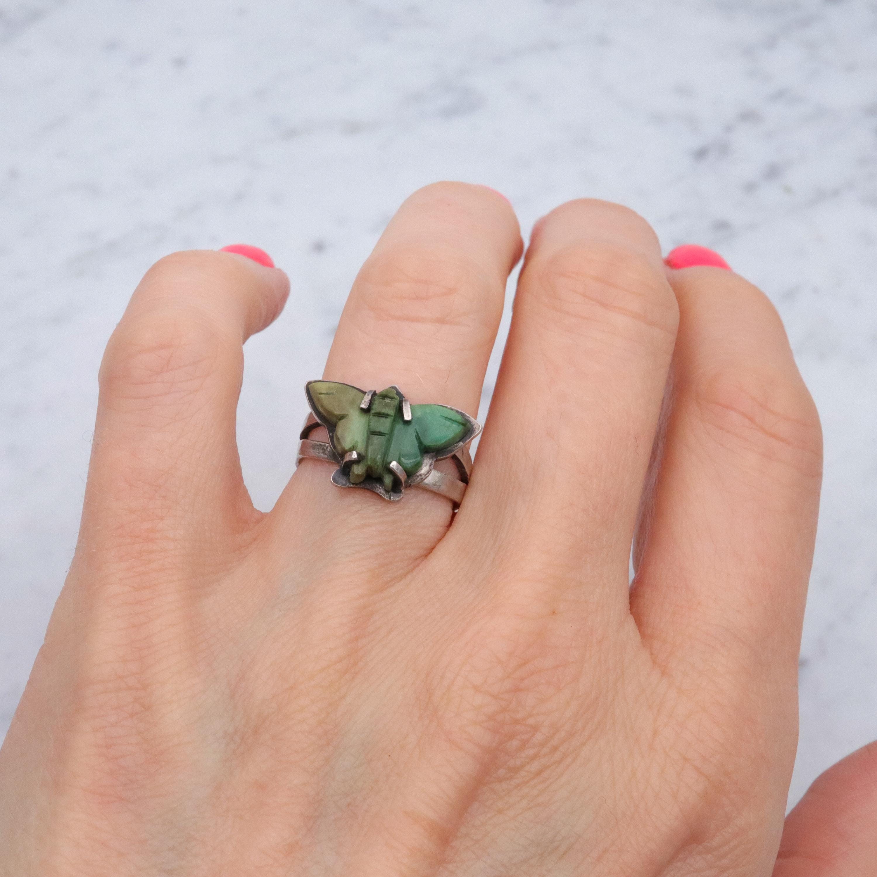 Vintage handmade carved turquoise butterfly hammered sterling ring, size 6