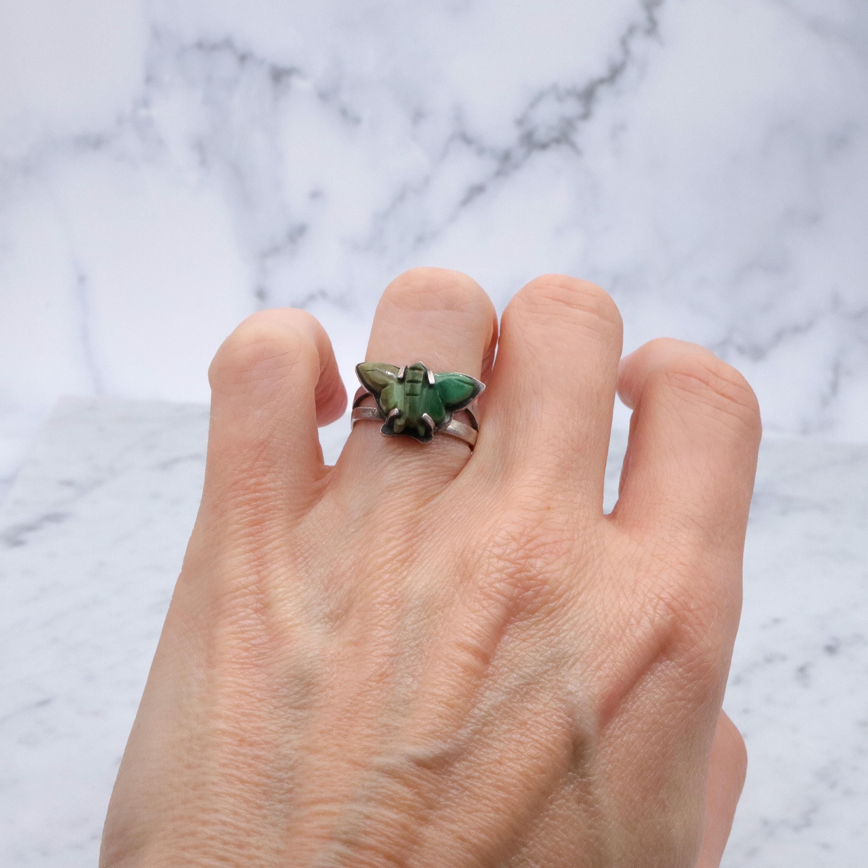 Vintage handmade carved turquoise butterfly hammered sterling ring, size 6