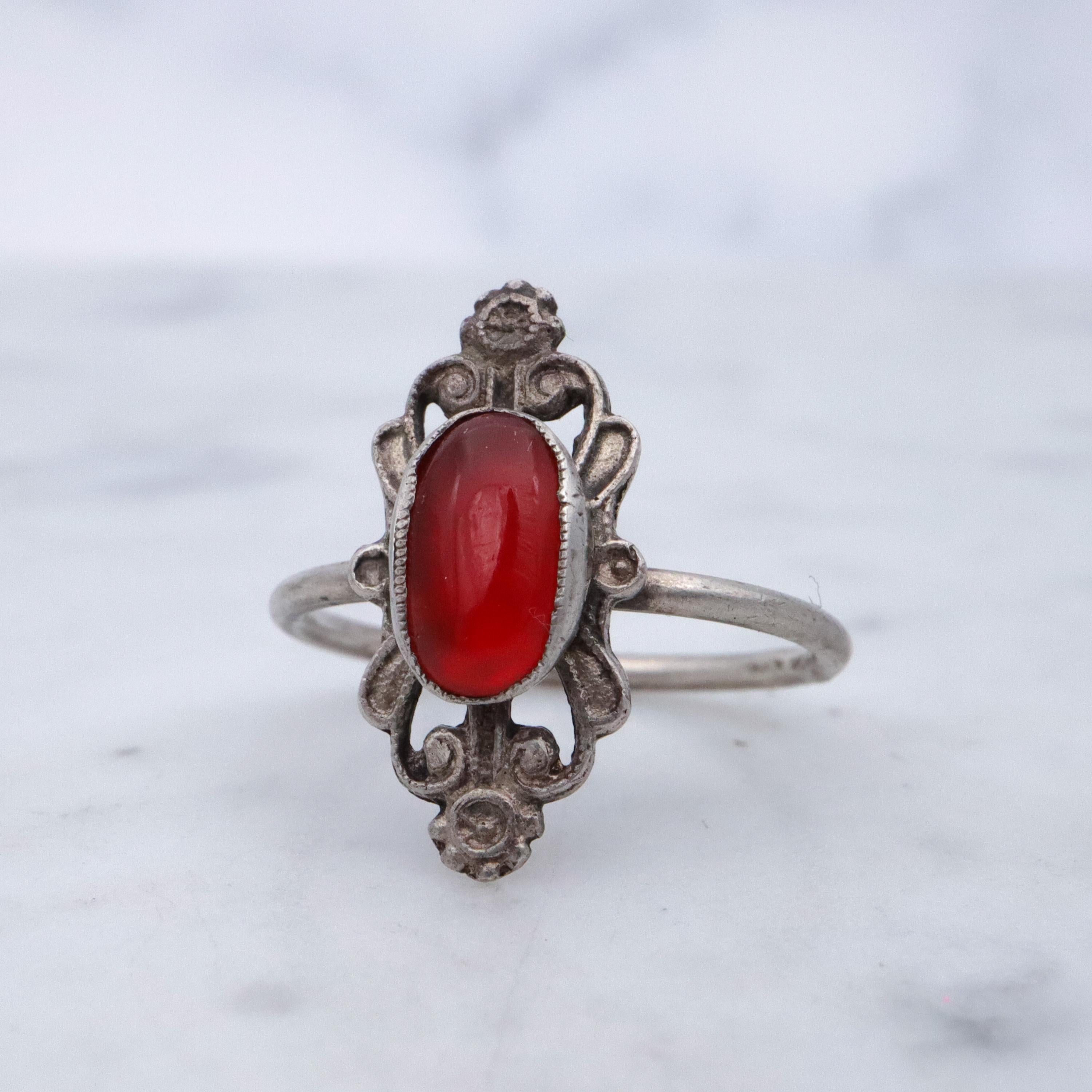 French Art Nouveau .800 silver carnelian scroll ring, size 5.5