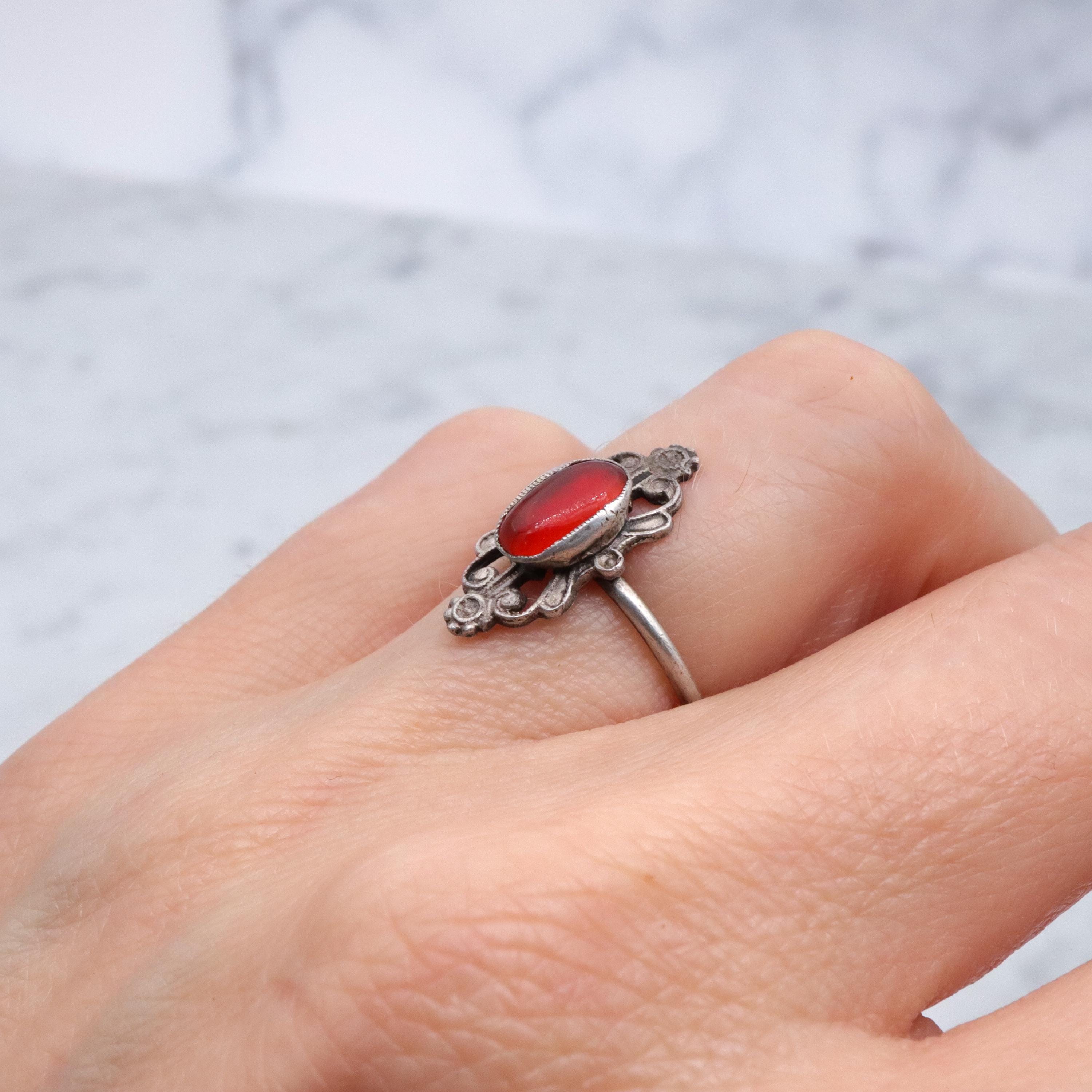 French Art Nouveau .800 silver carnelian scroll ring, size 5.5