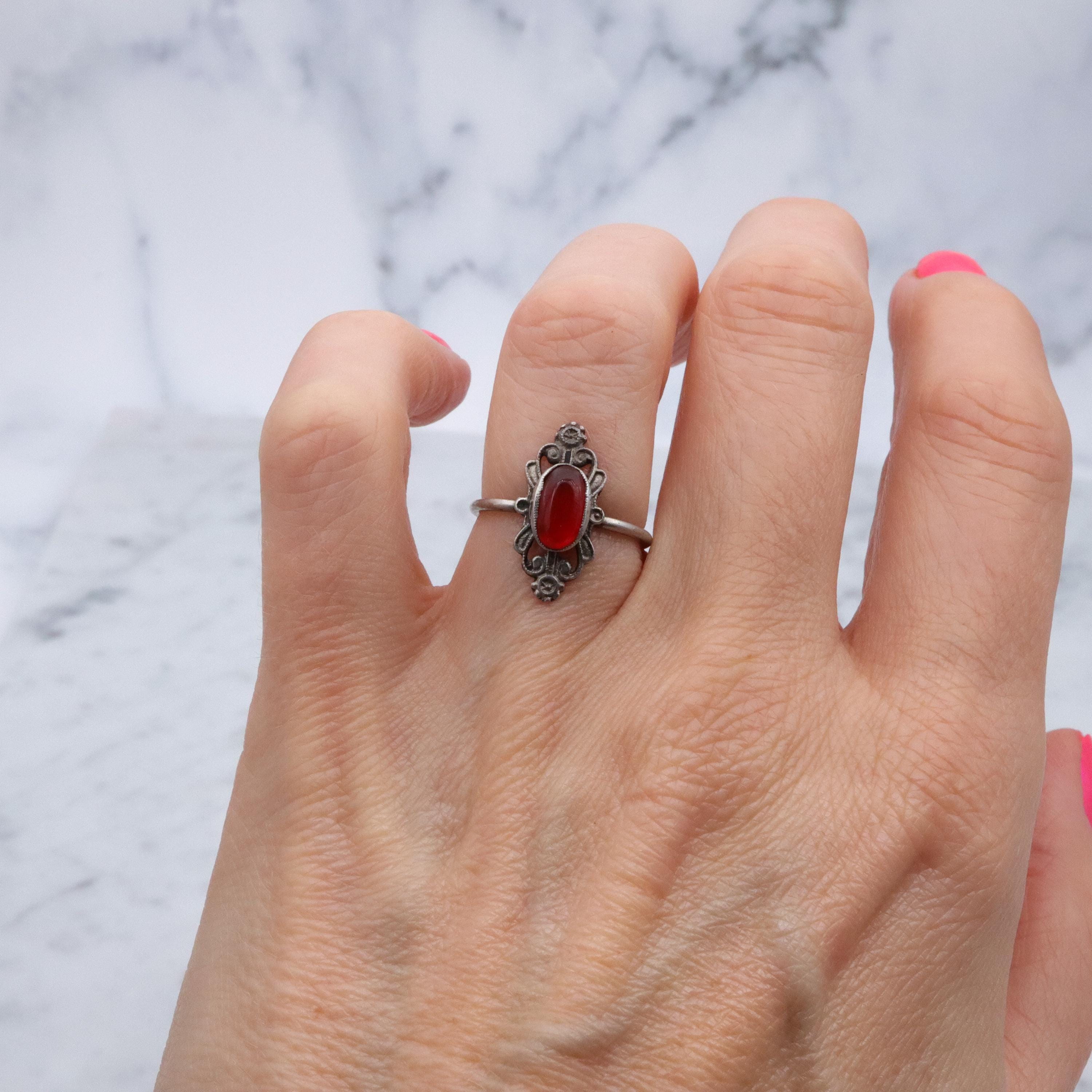 French Art Nouveau .800 silver carnelian scroll ring, size 5.5