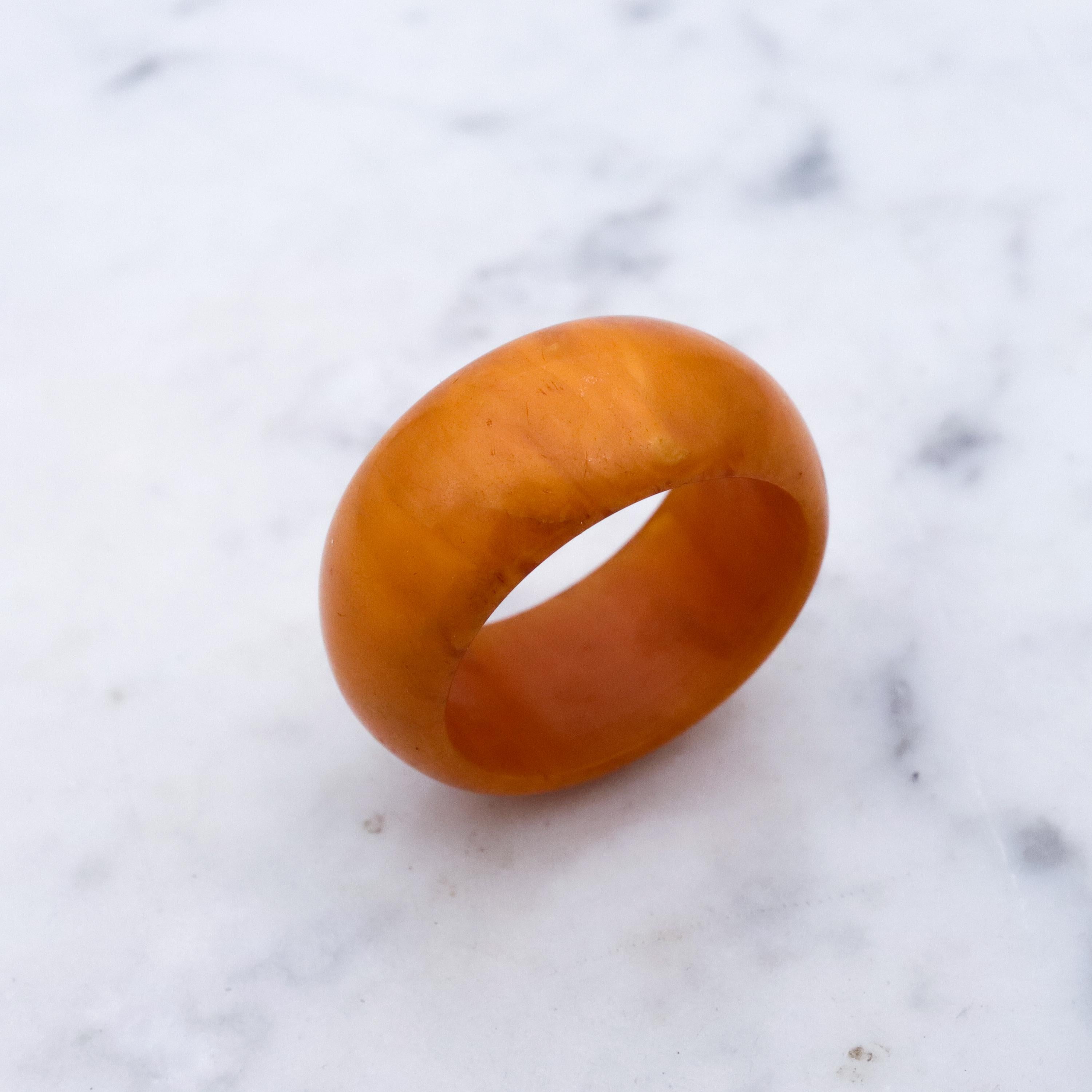 Mid Century butterscotch amber domed band ring, size 8