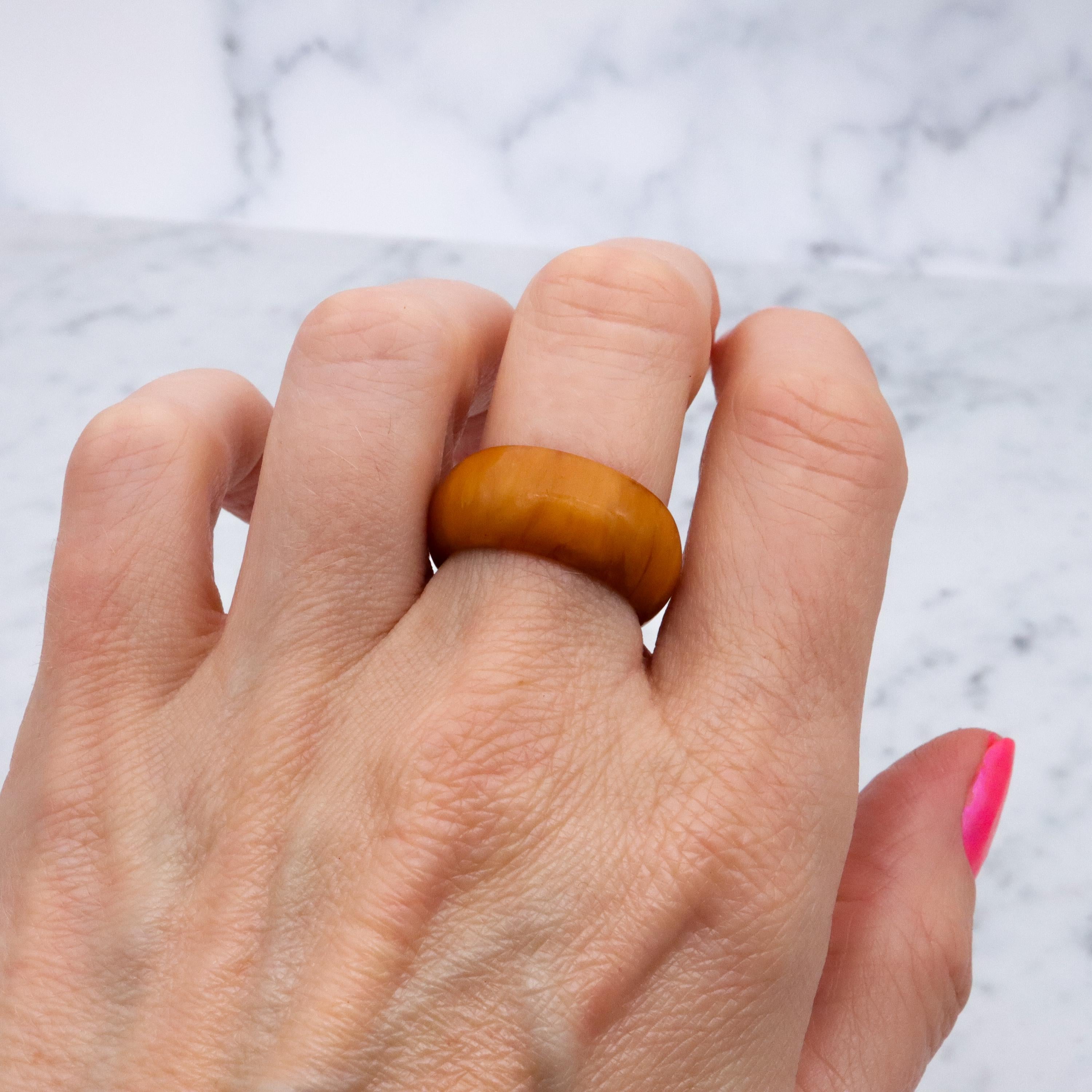 Mid Century butterscotch amber domed band ring, size 8