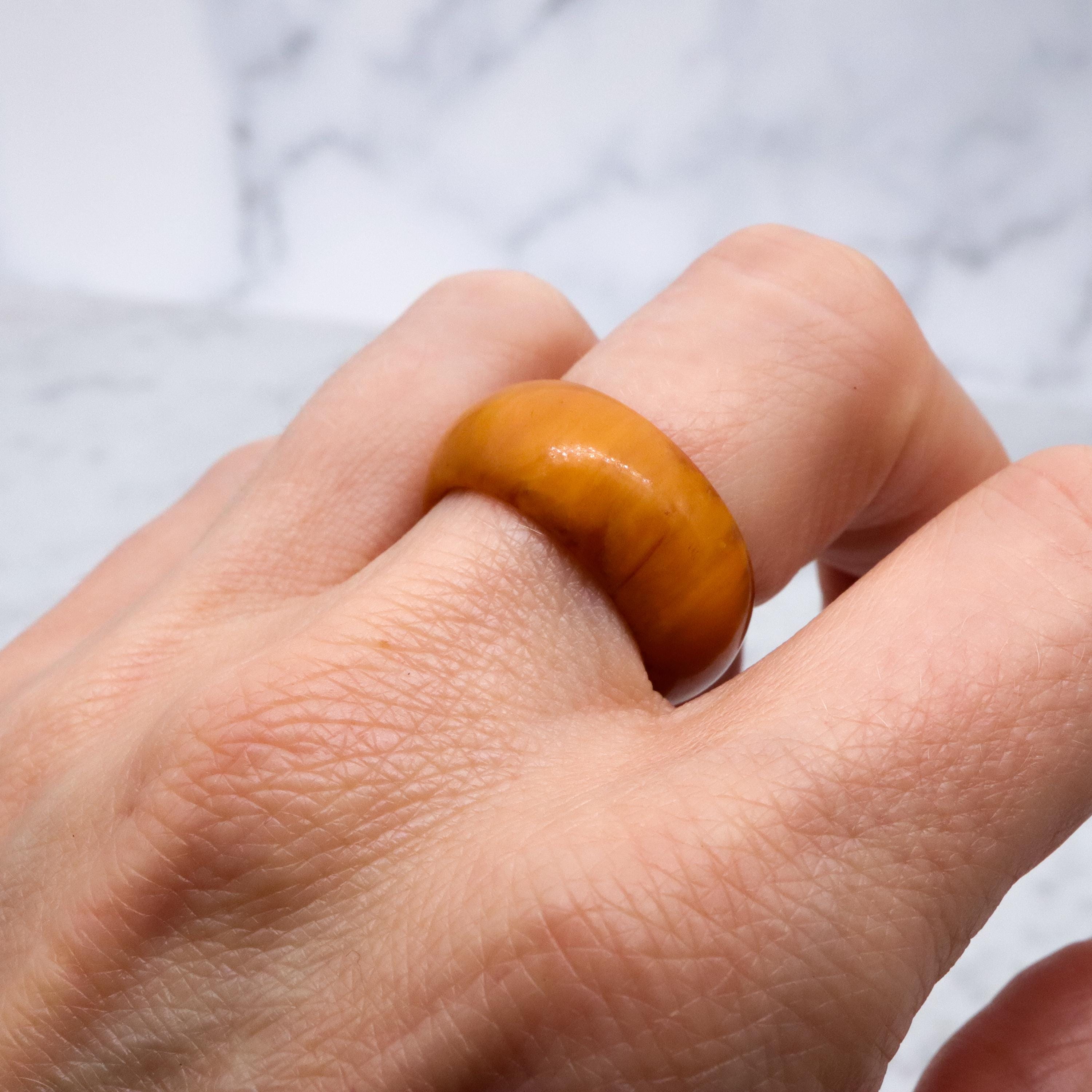 Mid Century butterscotch amber domed band ring, size 8