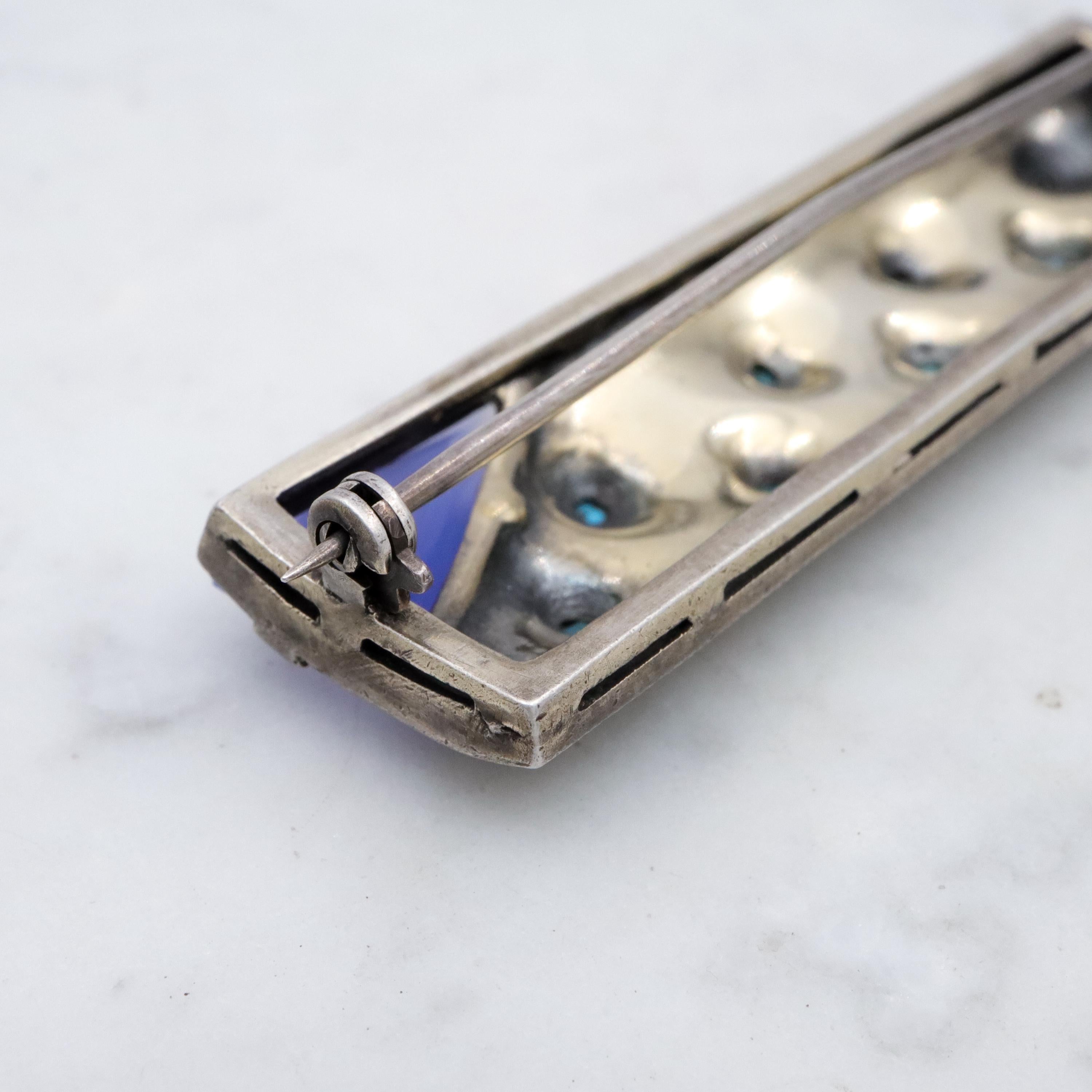 Theodor Fahrner Art Deco sterling filigree bar brooch w/chalcedony, turquoise, and coral