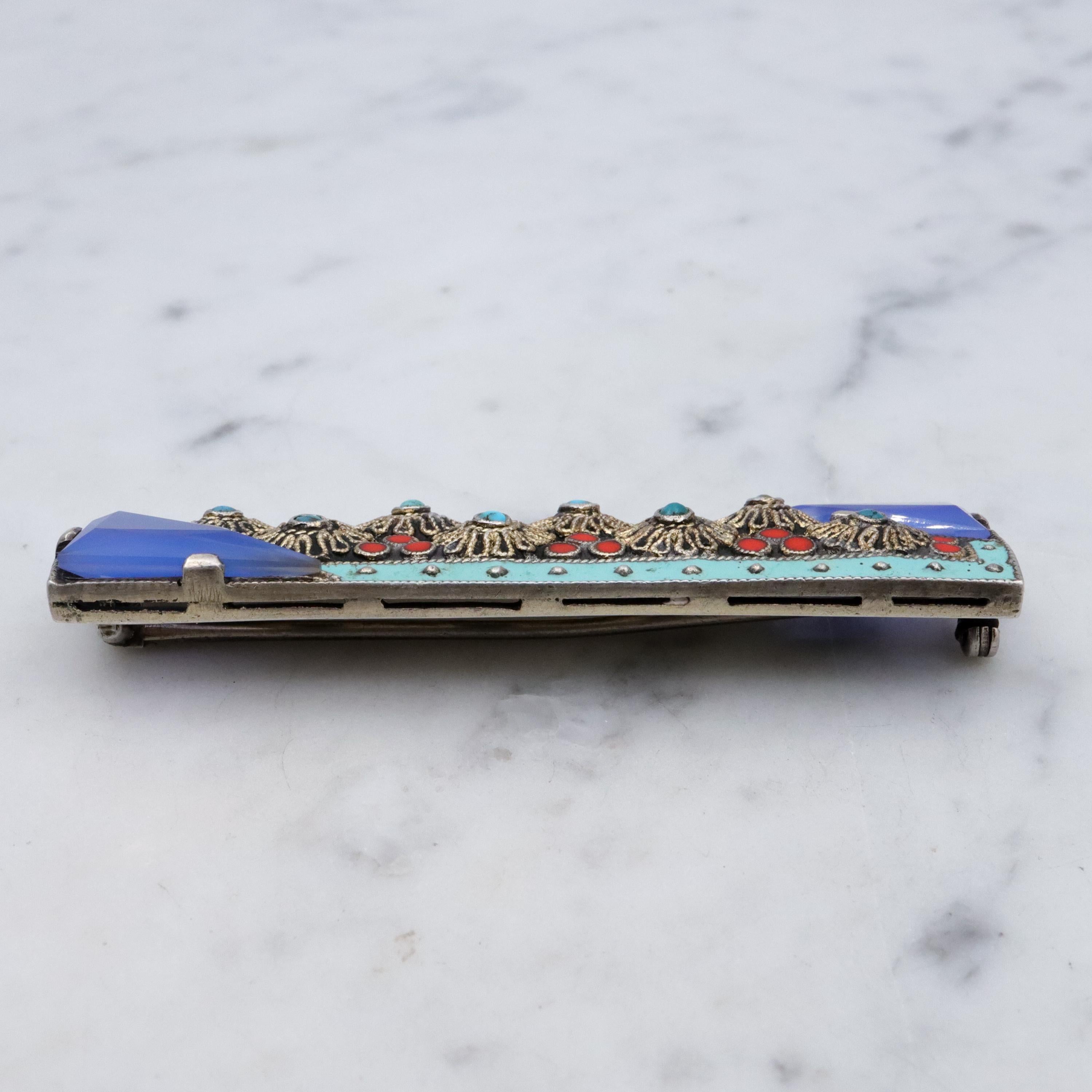 Theodor Fahrner Art Deco sterling filigree bar brooch w/chalcedony, turquoise, and coral