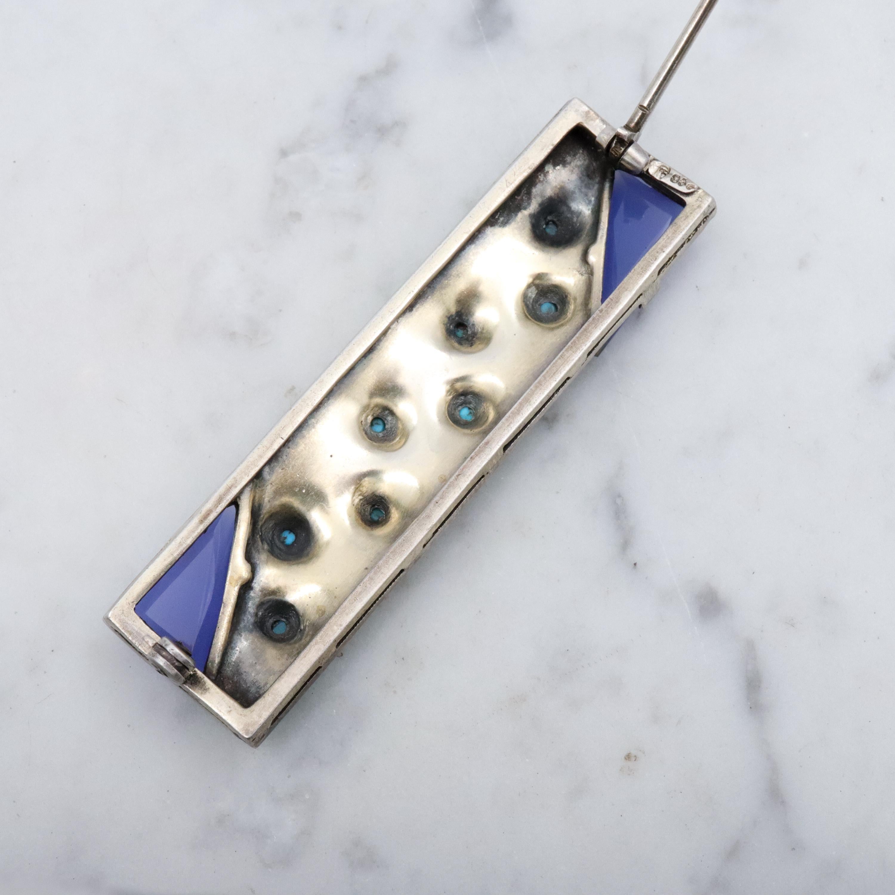 Theodor Fahrner Art Deco sterling filigree bar brooch w/chalcedony, turquoise, and coral