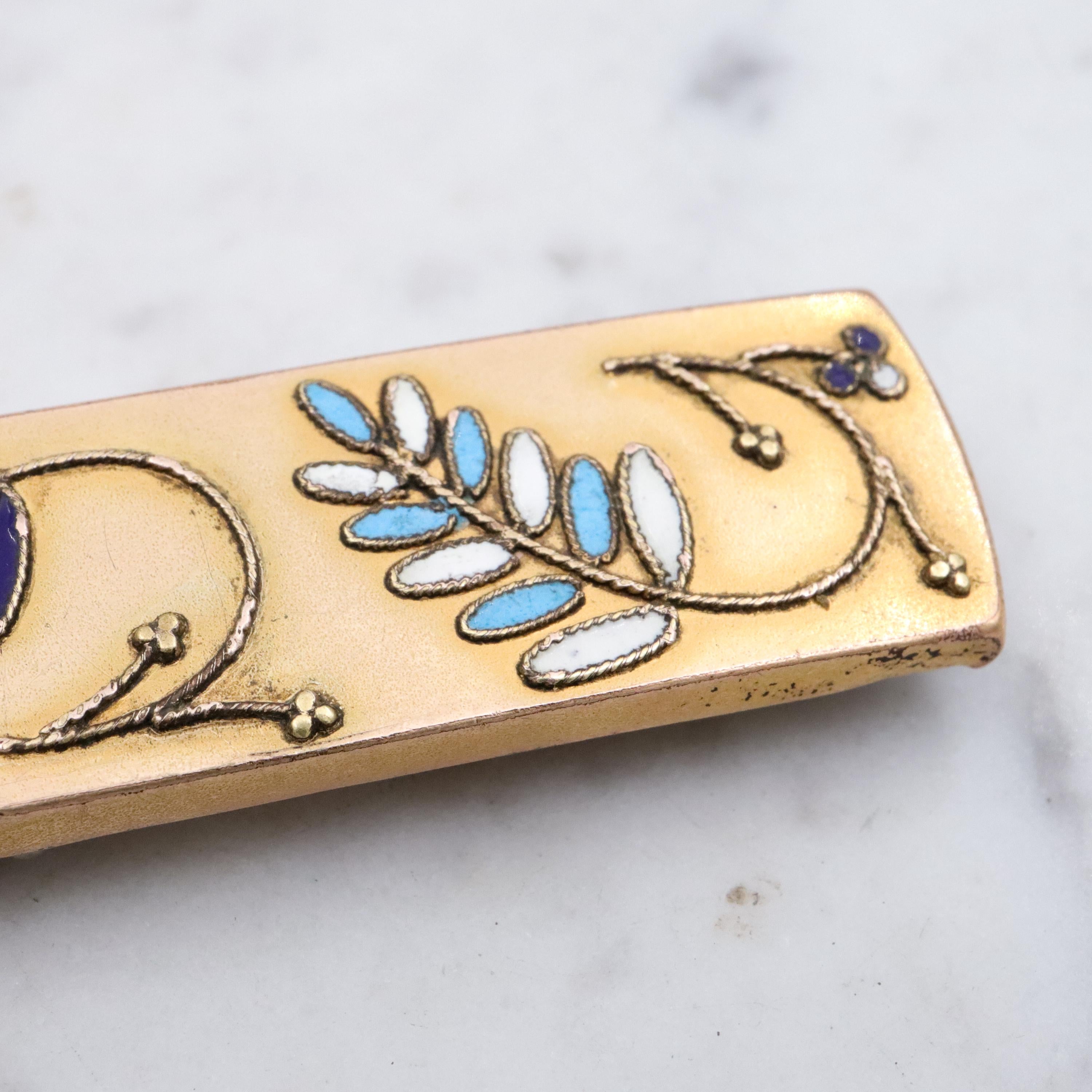 Victorian blue enamel fern decorated gilt metal bar brooch