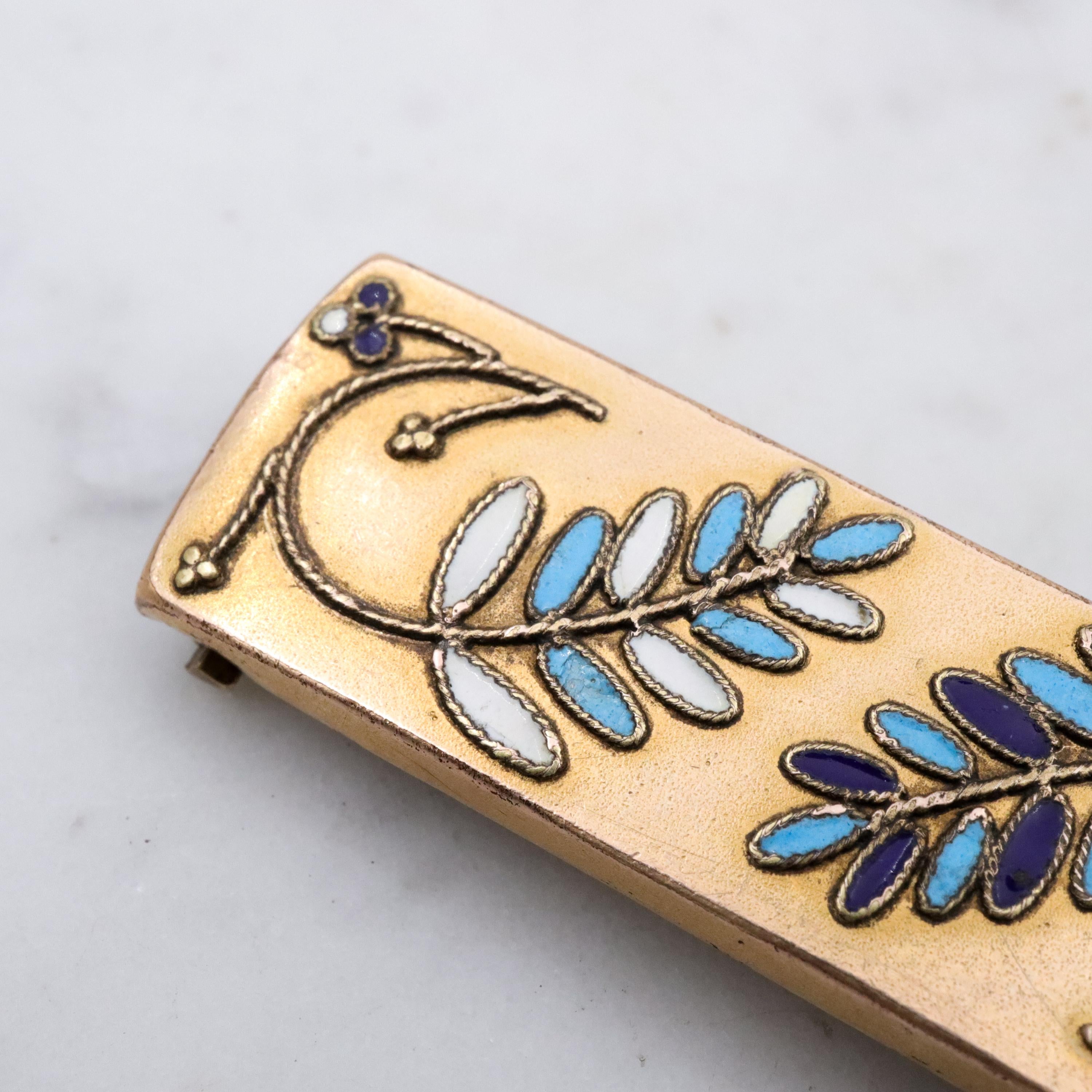 Victorian blue enamel fern decorated gilt metal bar brooch