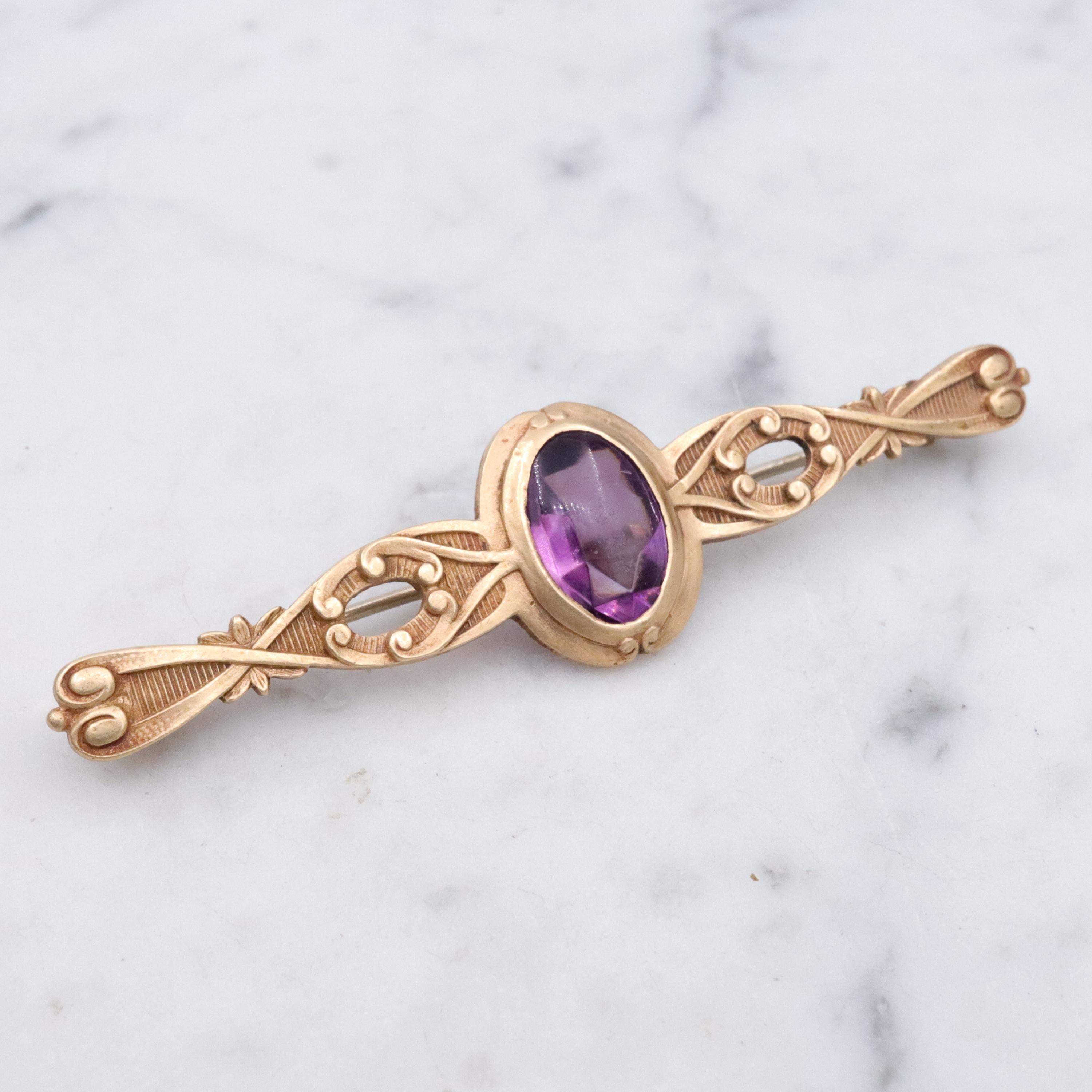 Antique Art Nouveau purple paste & scroll designed rolled gold bar pin