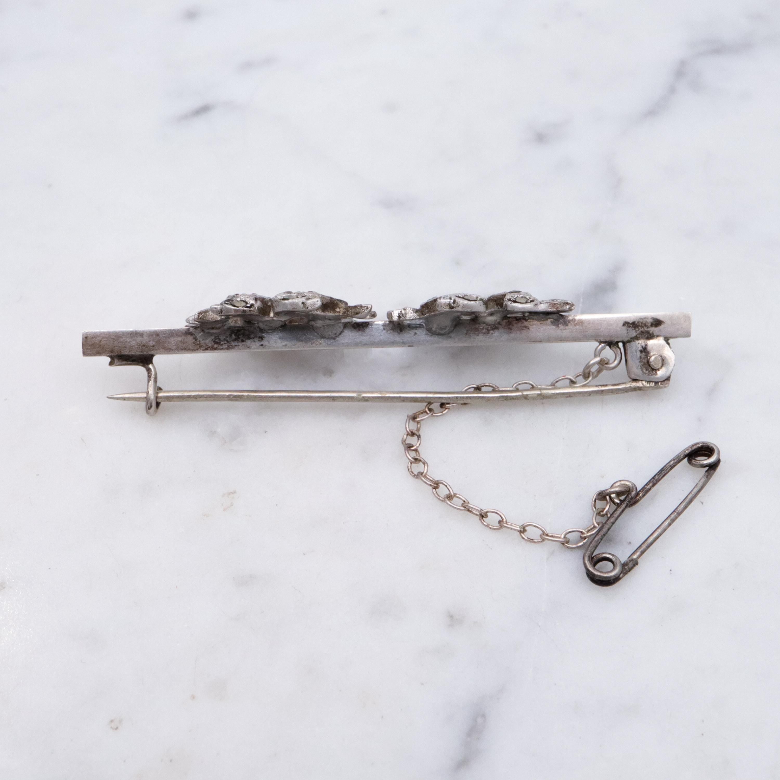 Art Deco double love bird pair marcasite sterling bar pin