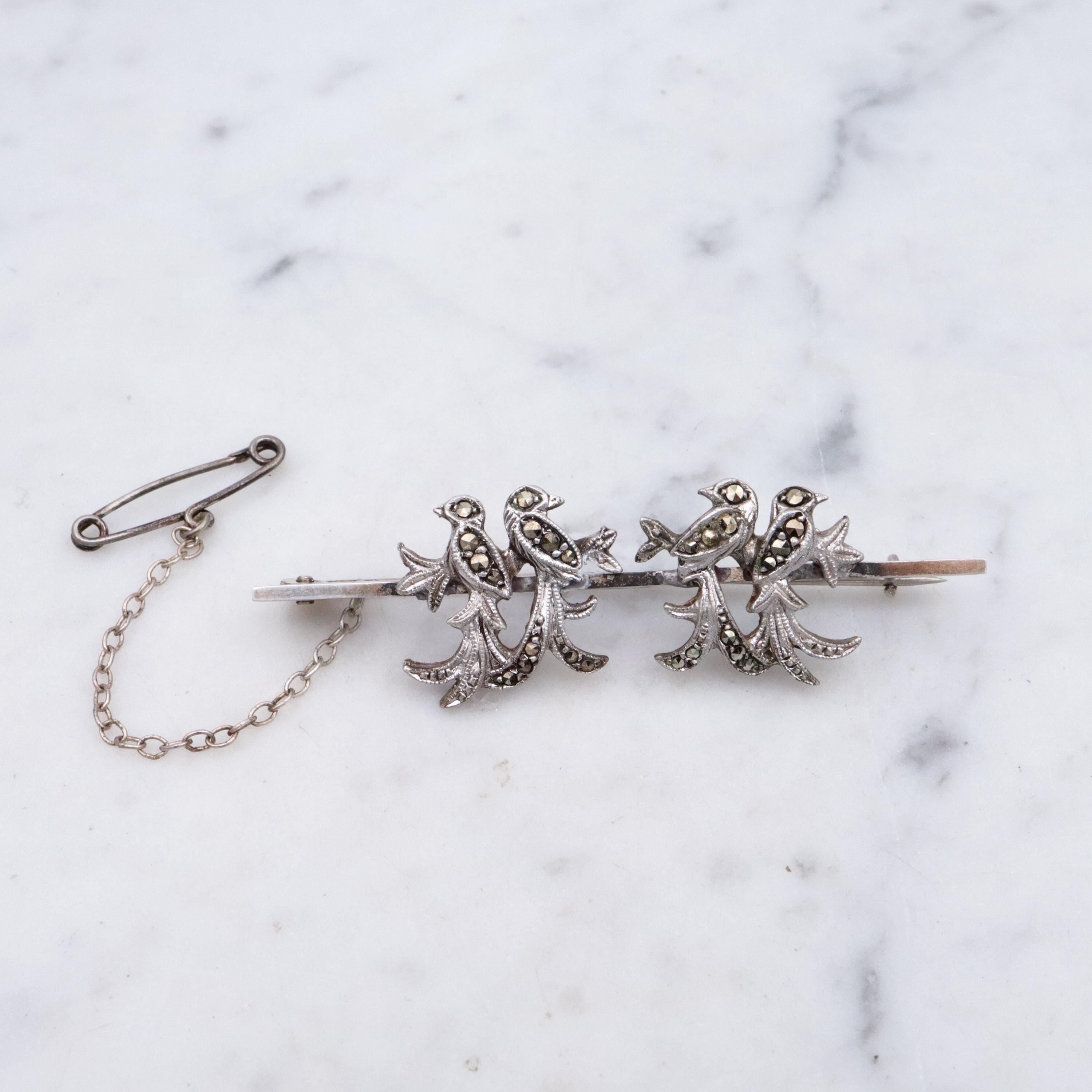Art Deco double love bird pair marcasite sterling bar pin