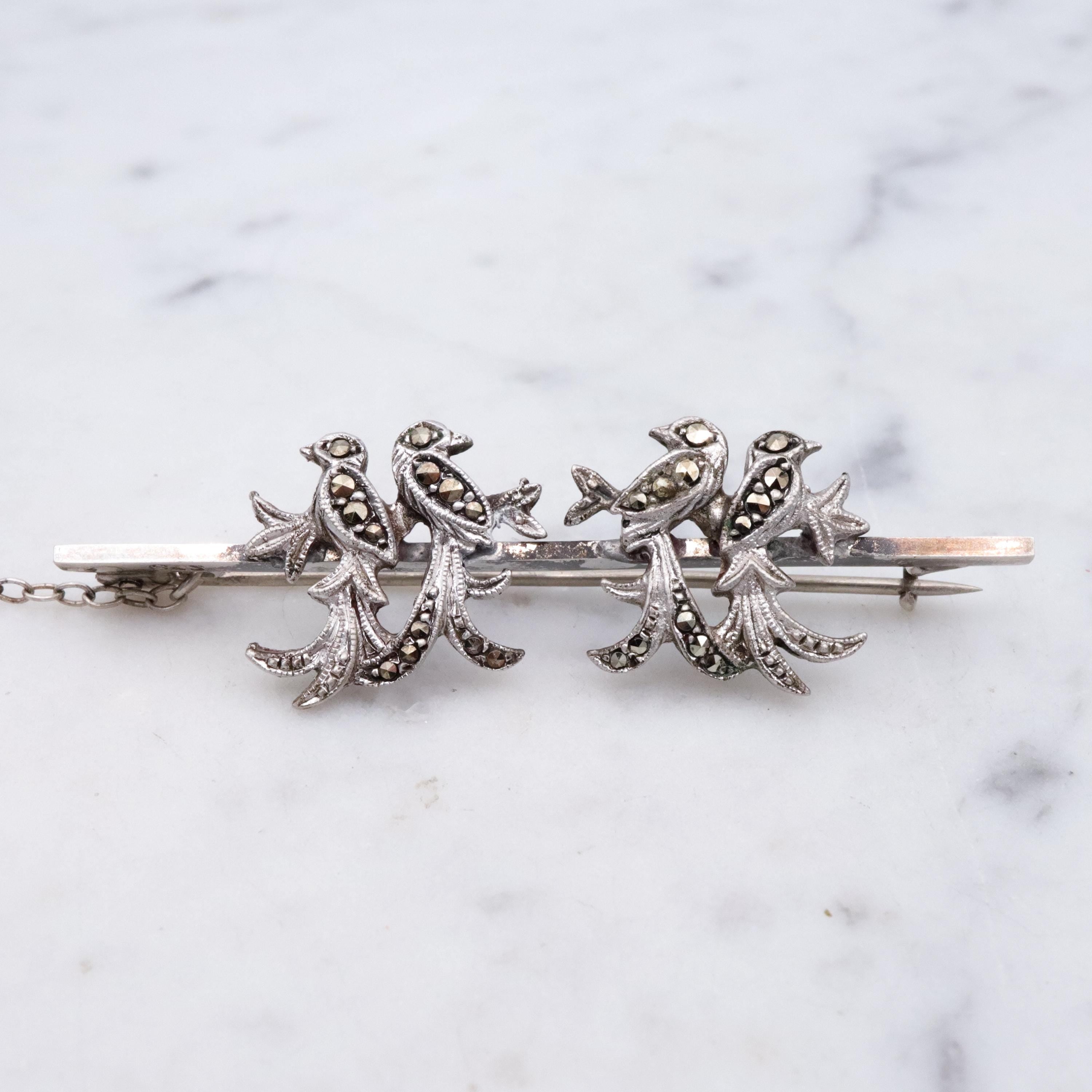 Art Deco double love bird pair marcasite sterling bar pin