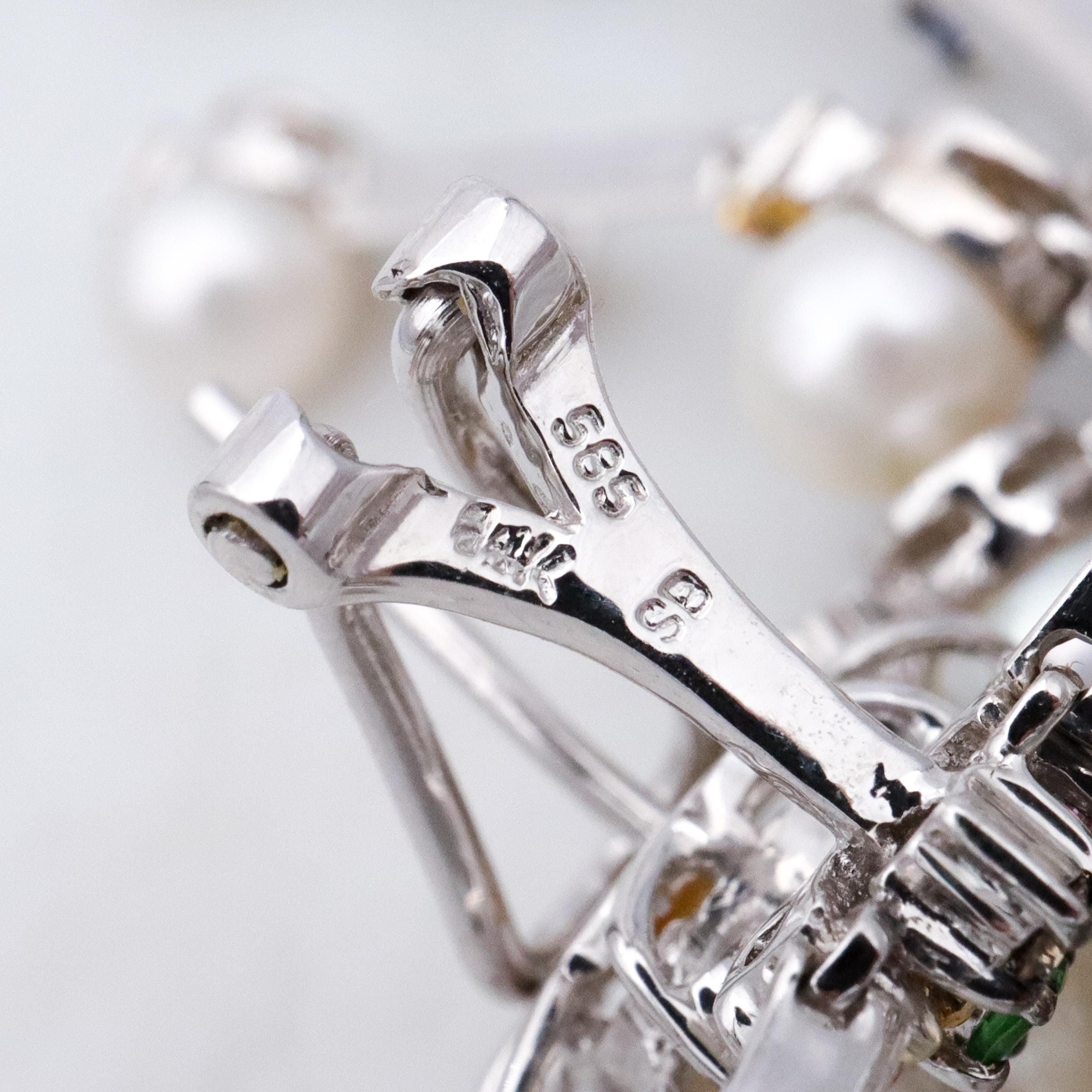 Funky retro 14k white gold pearl & multi-gemstone two strand drop earrings