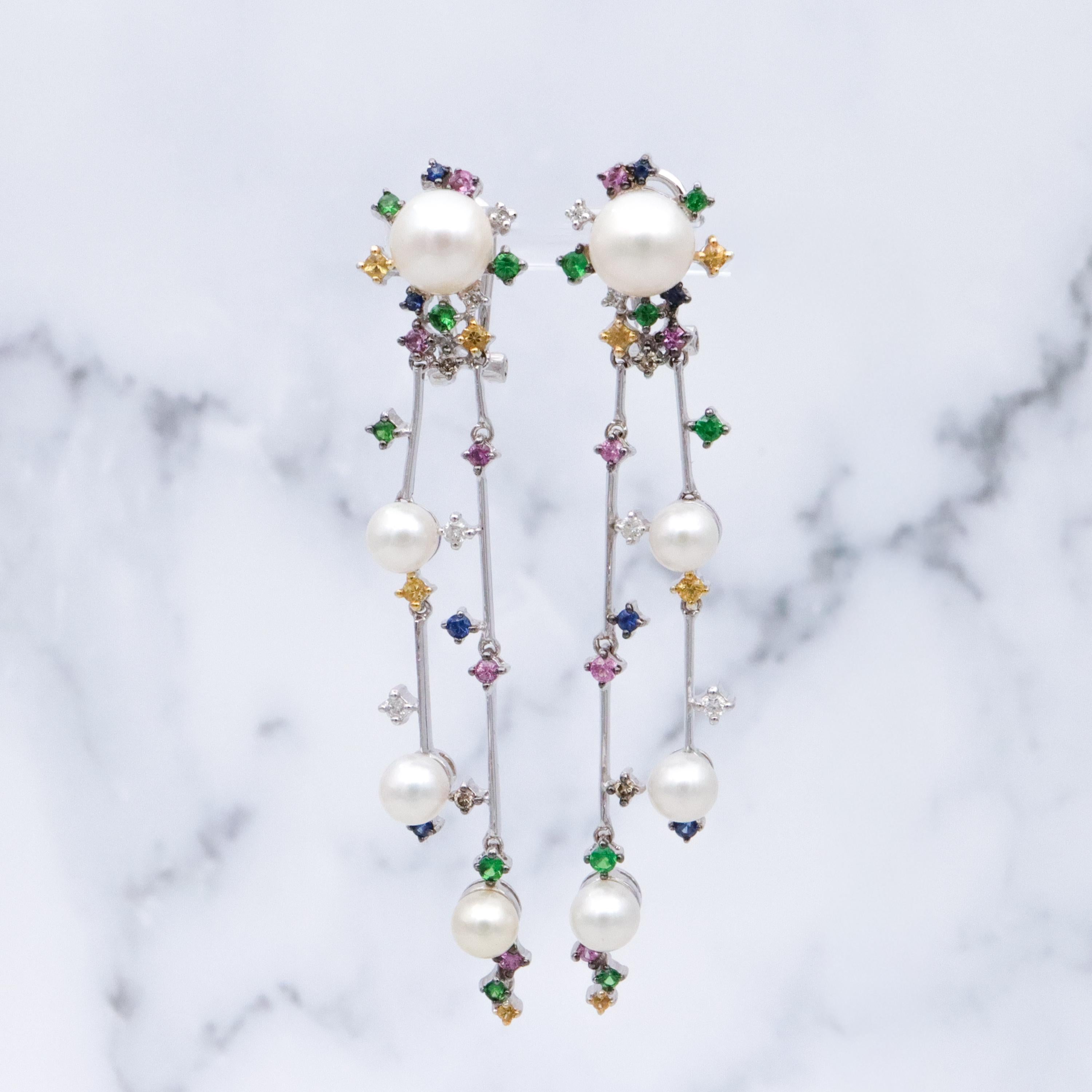 Funky retro 14k white gold pearl & multi-gemstone two strand drop earrings