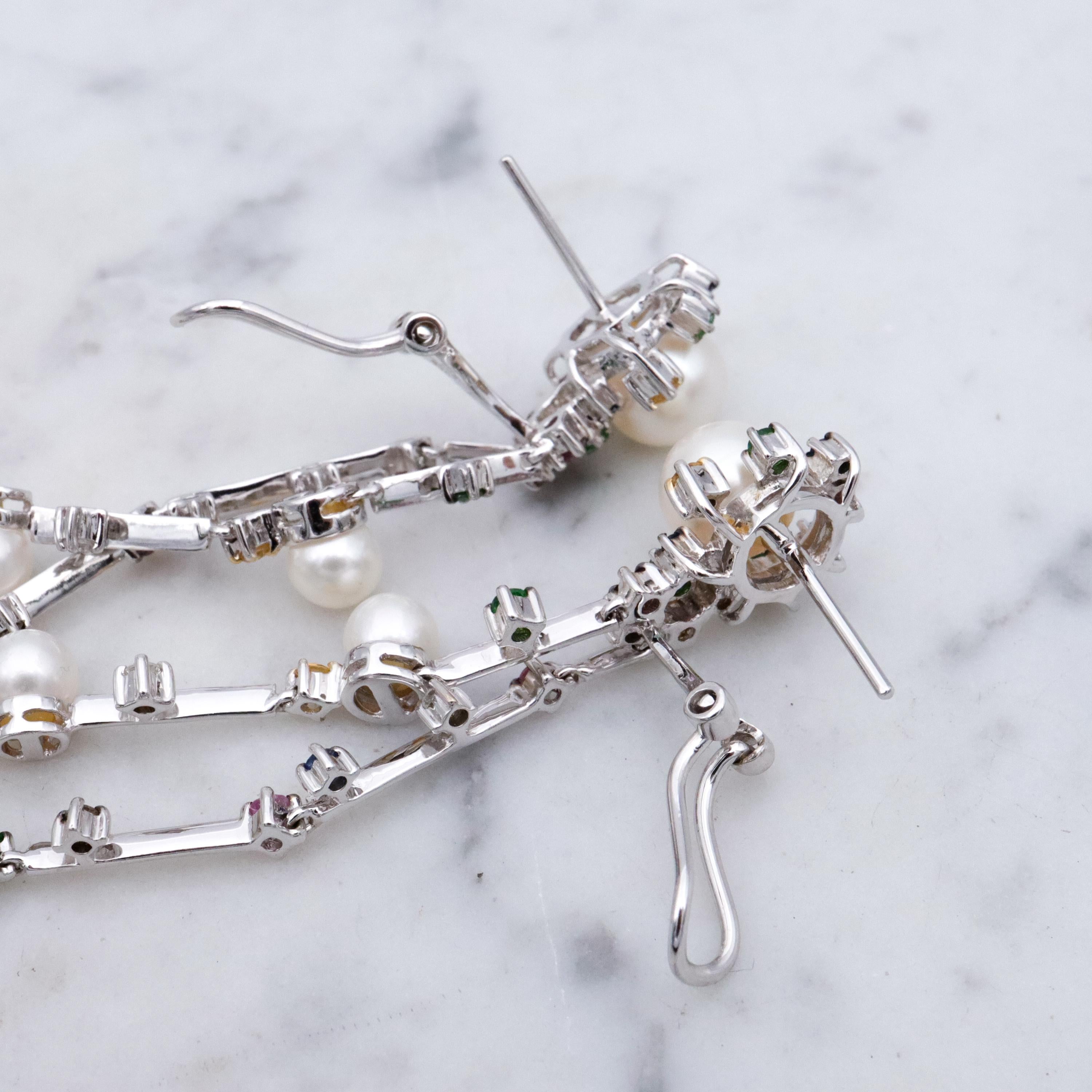 Funky retro 14k white gold pearl & multi-gemstone two strand drop earrings