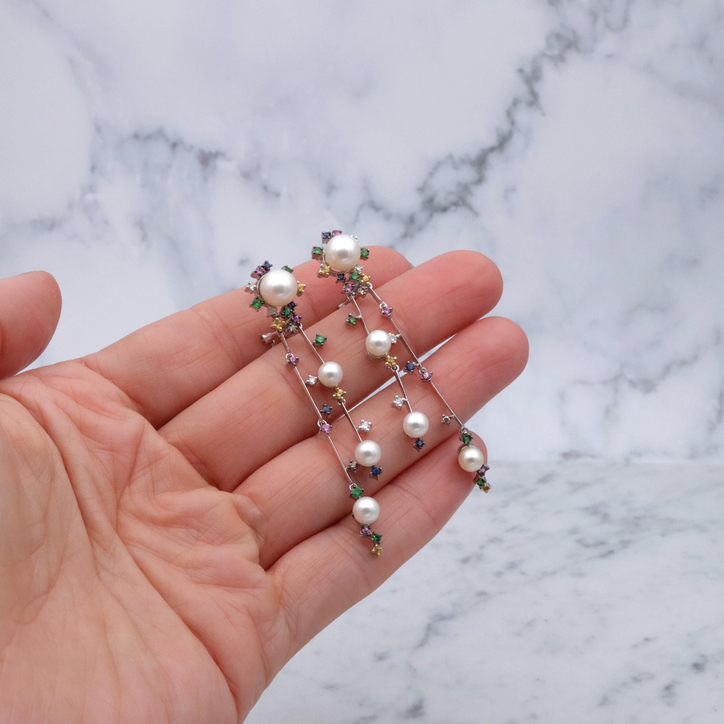 Funky retro 14k white gold pearl & multi-gemstone two strand drop earrings