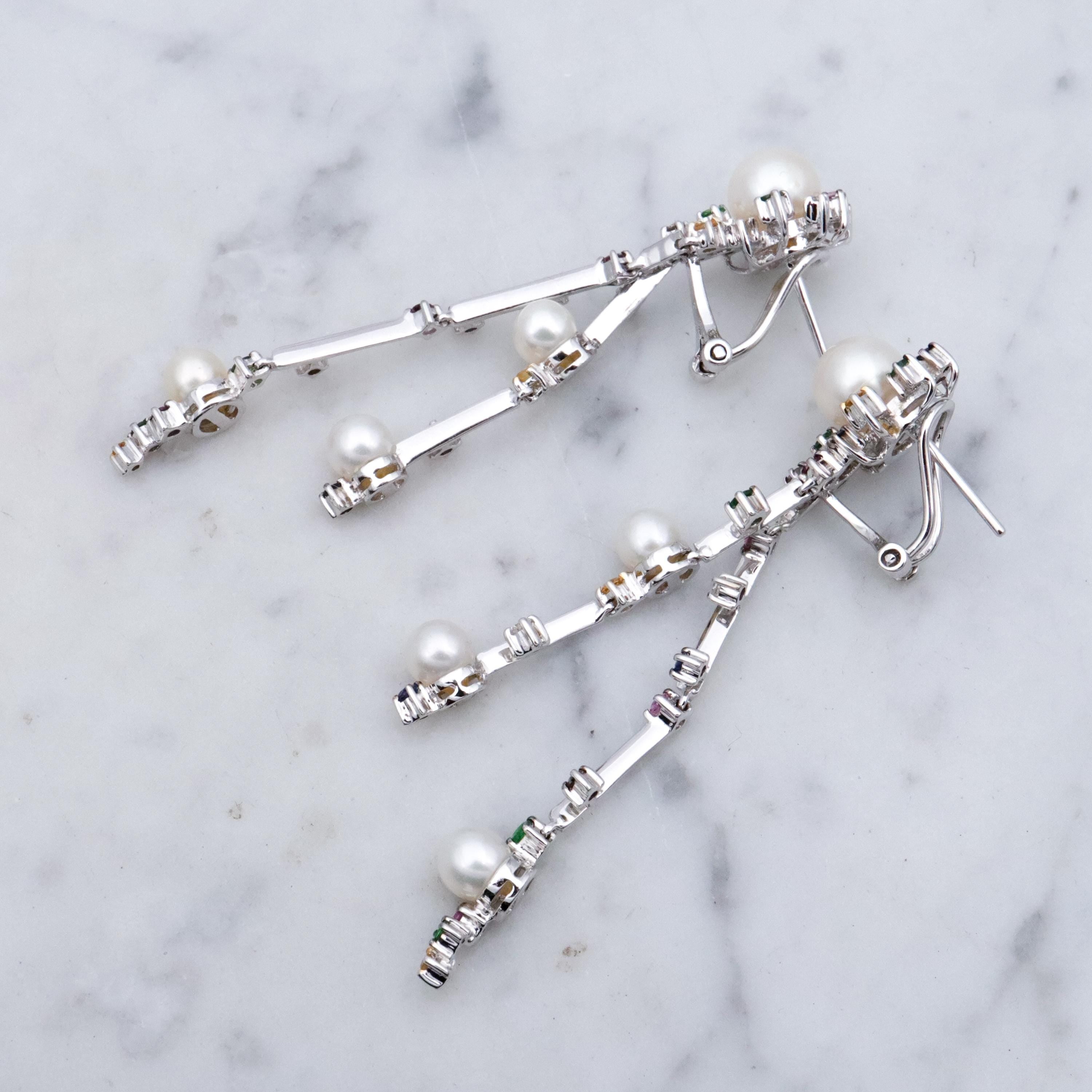 Funky retro 14k white gold pearl & multi-gemstone two strand drop earrings