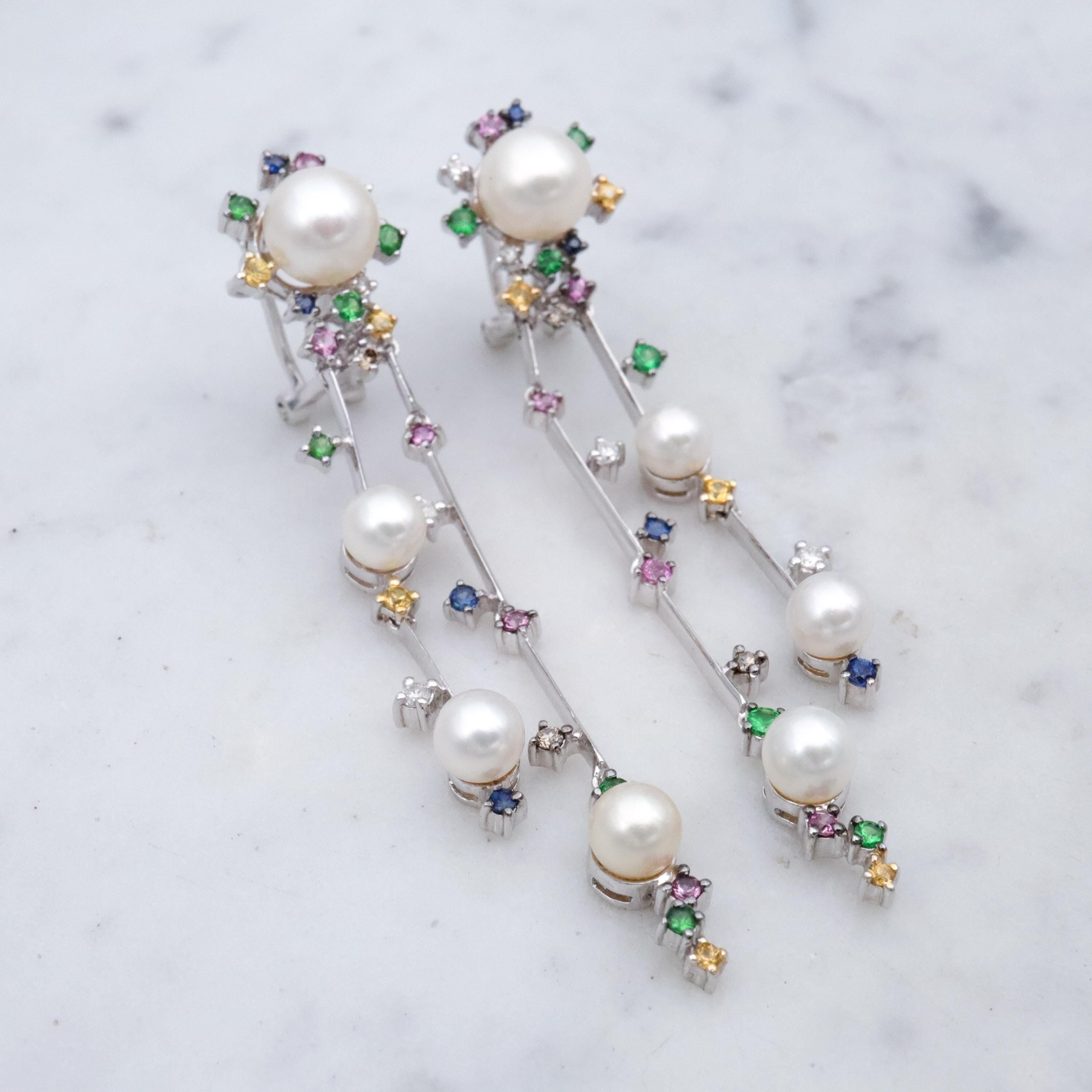 Funky retro 14k white gold pearl & multi-gemstone two strand drop earrings