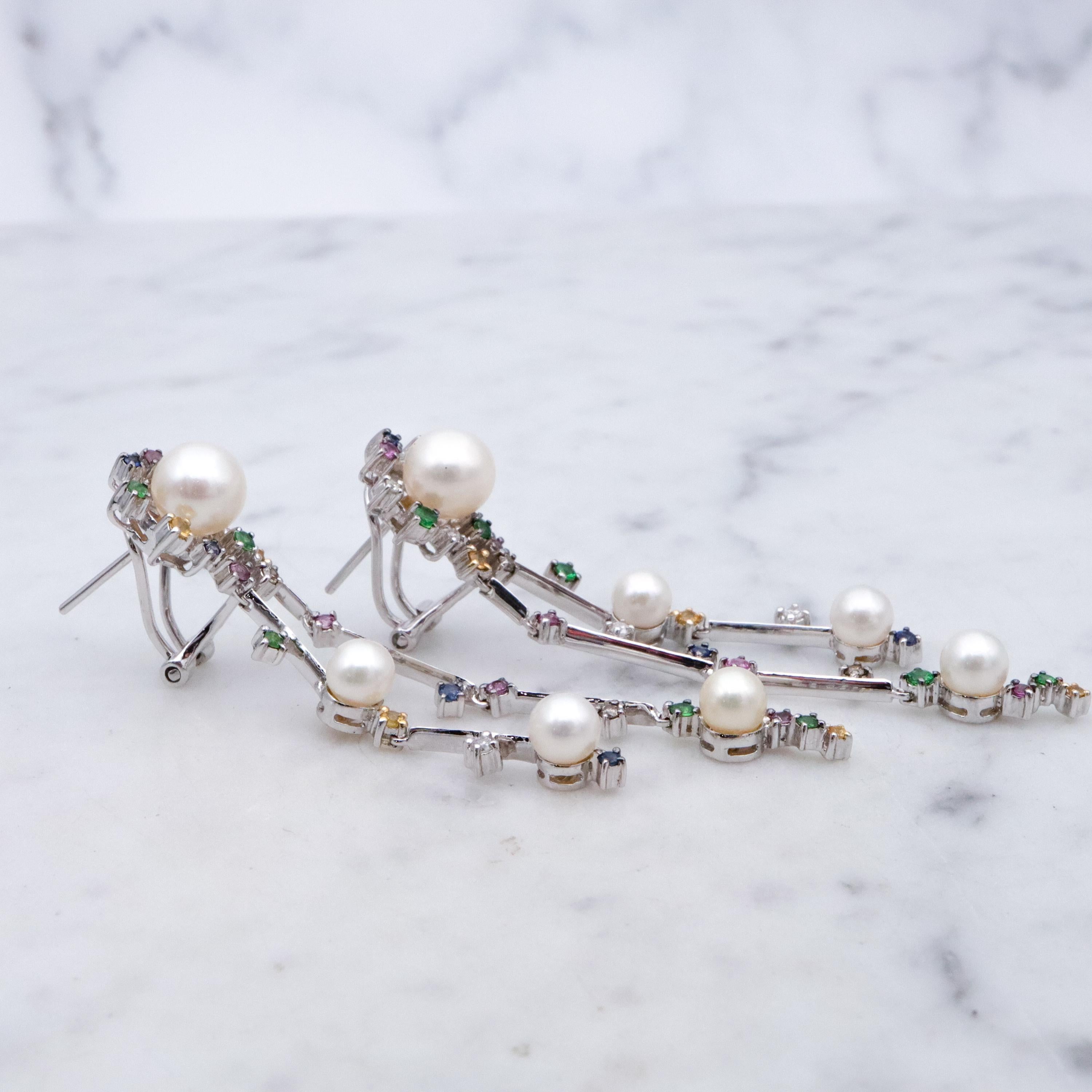 Funky retro 14k white gold pearl & multi-gemstone two strand drop earrings