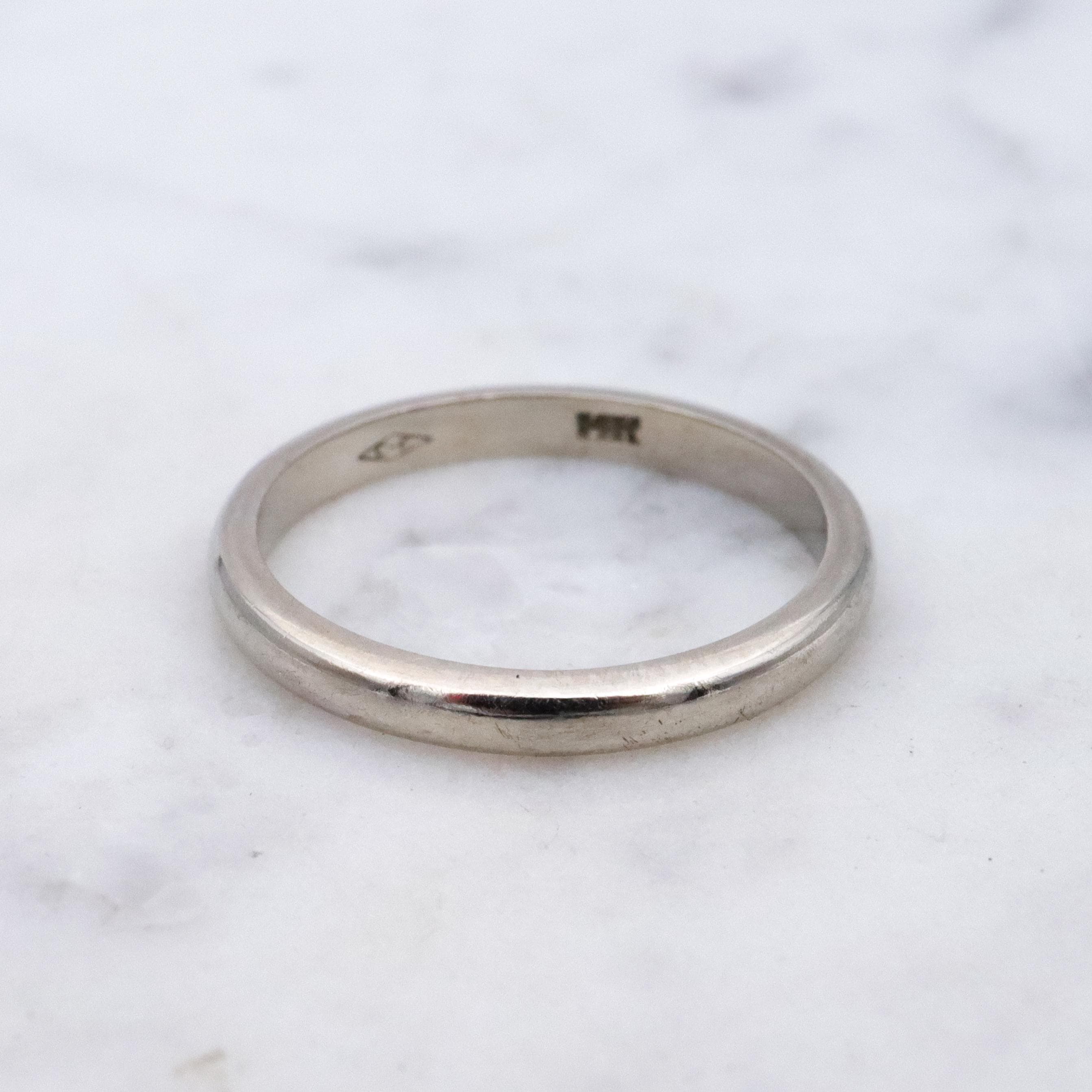 Simple Mid Century 14k white gold half-round 2.15mm wedding band, size 4.5