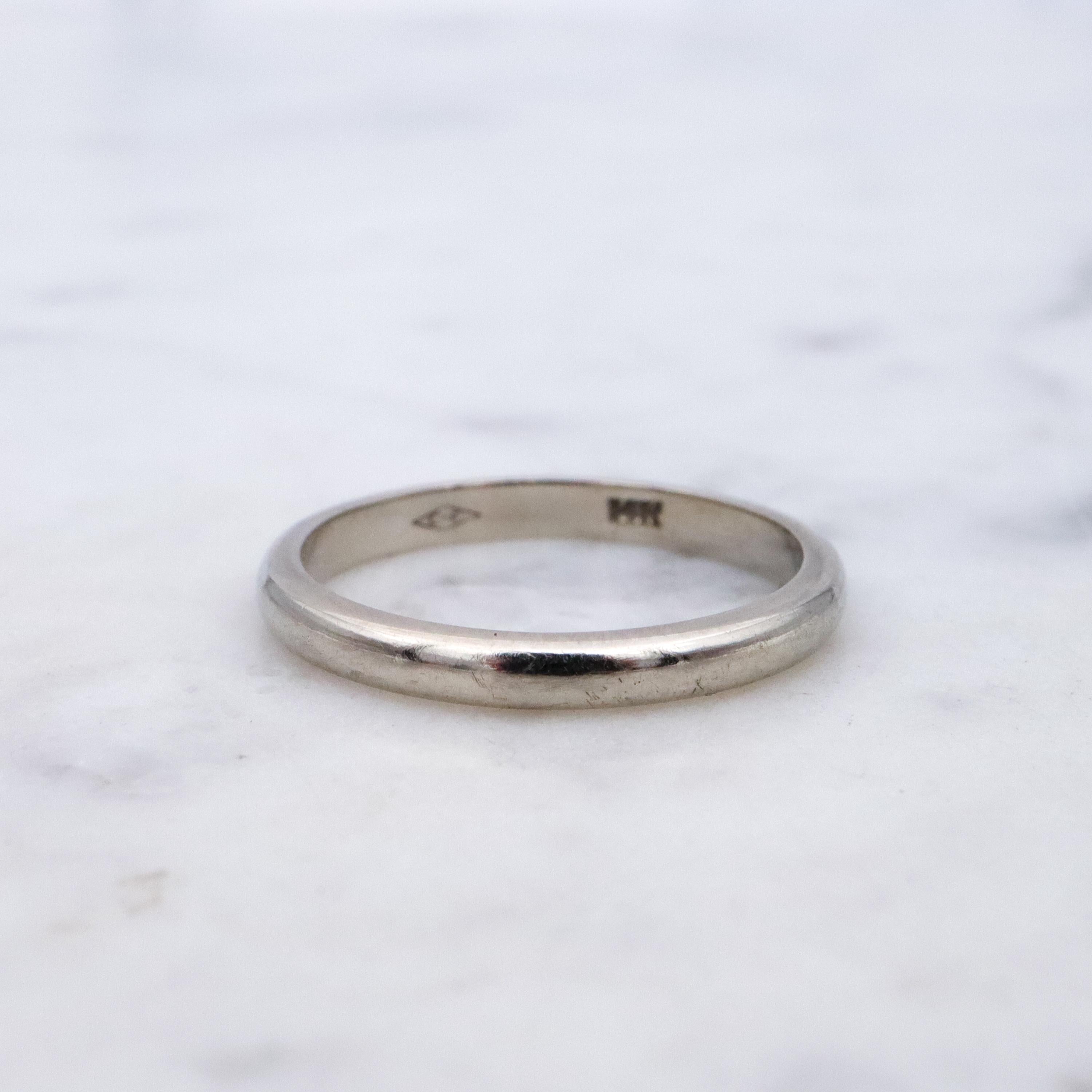 Simple Mid Century 14k white gold half-round 2.15mm wedding band, size 4.5