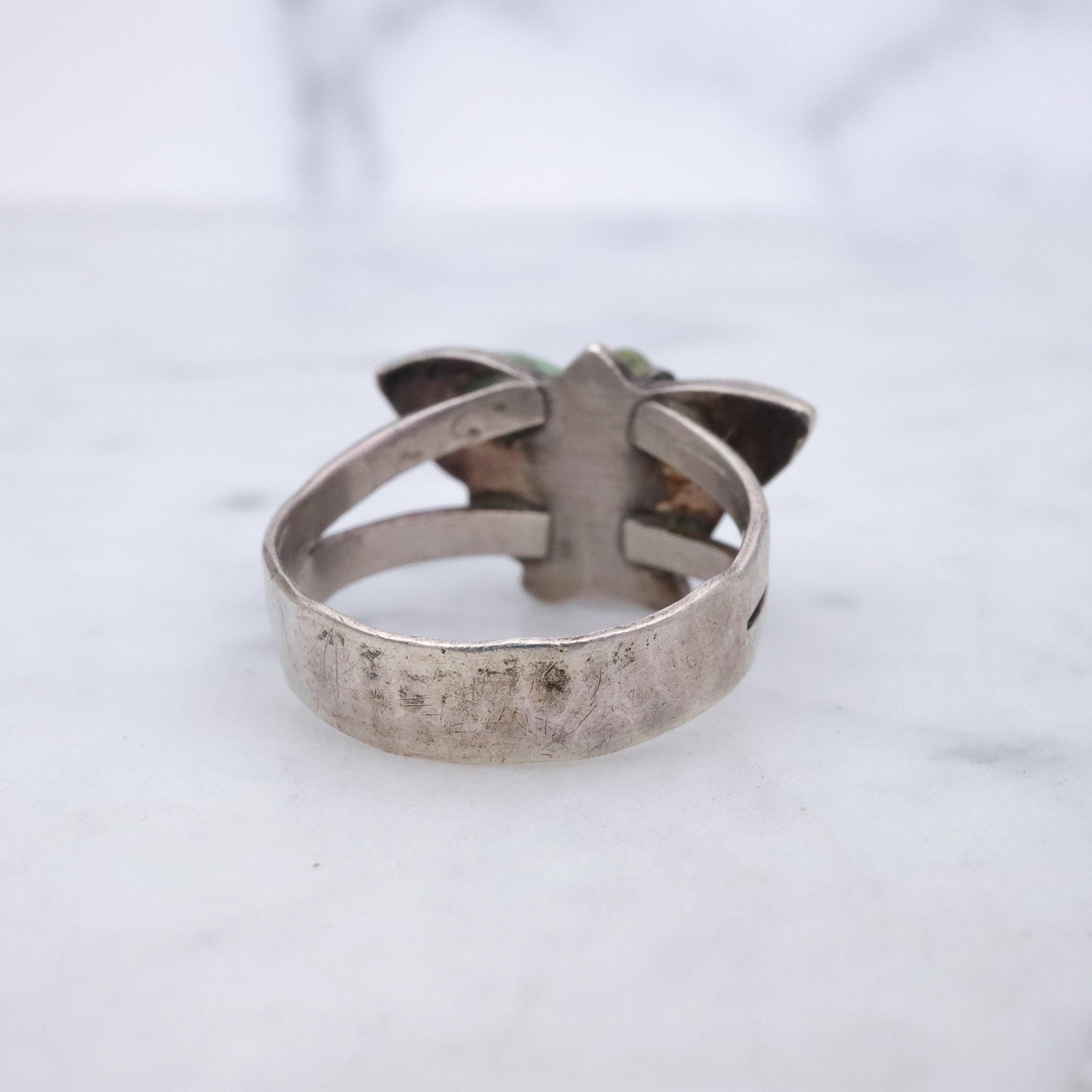 Vintage handmade carved turquoise butterfly hammered sterling ring, size 6