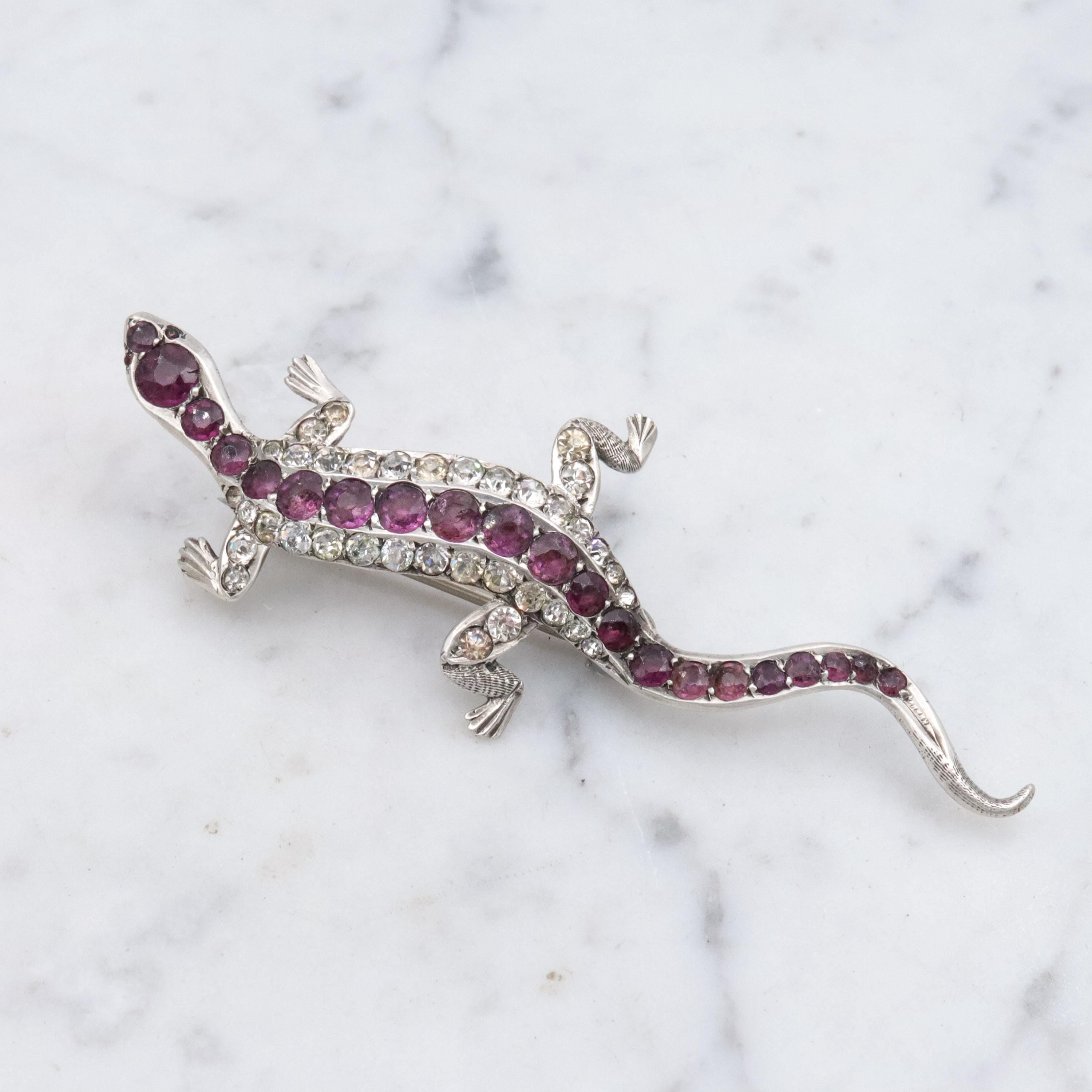 Victorian sterling & paste lizard figural brooch