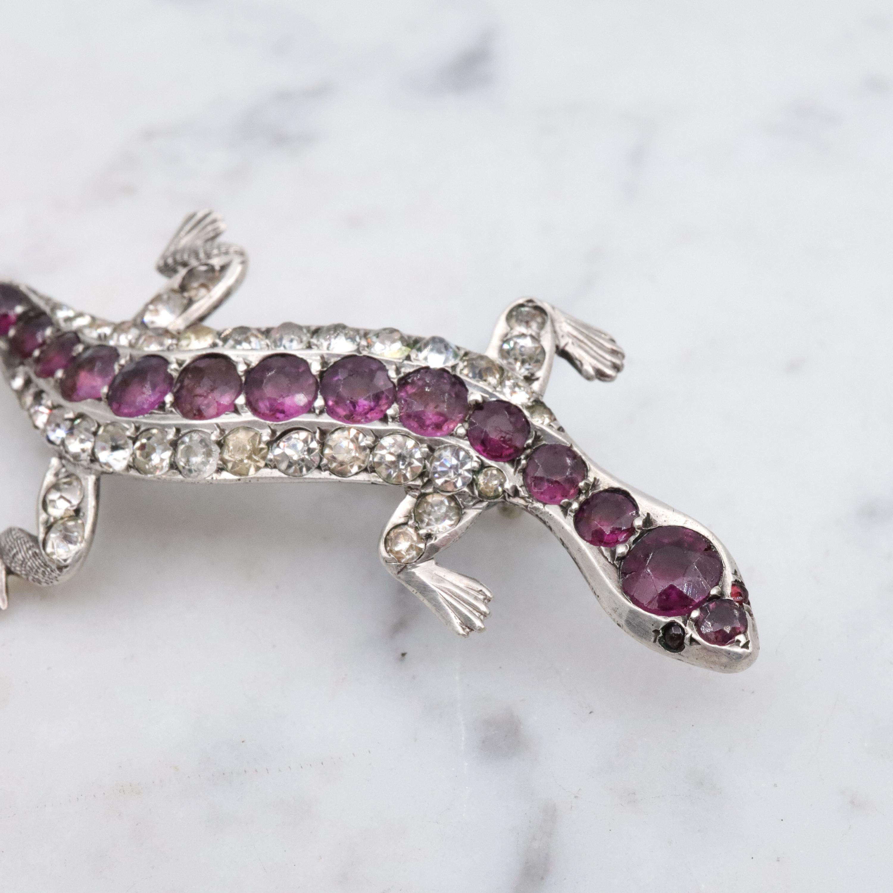 Victorian sterling & paste lizard figural brooch