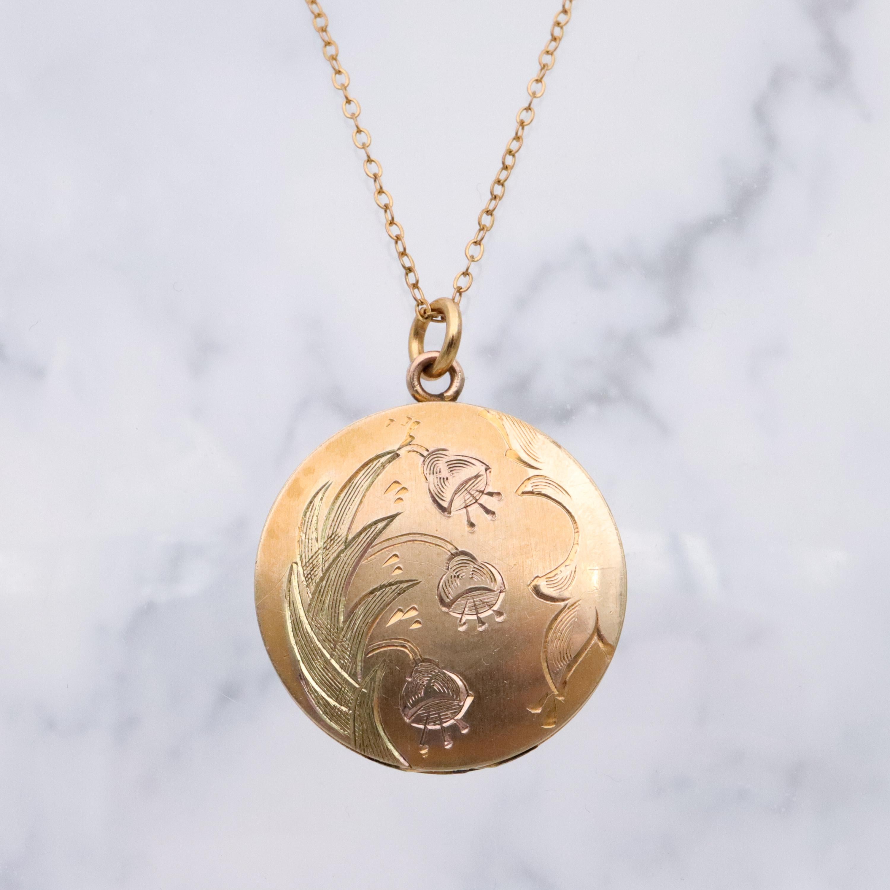 Edwardian tri-color gold filled floral engraved circle locket pendant