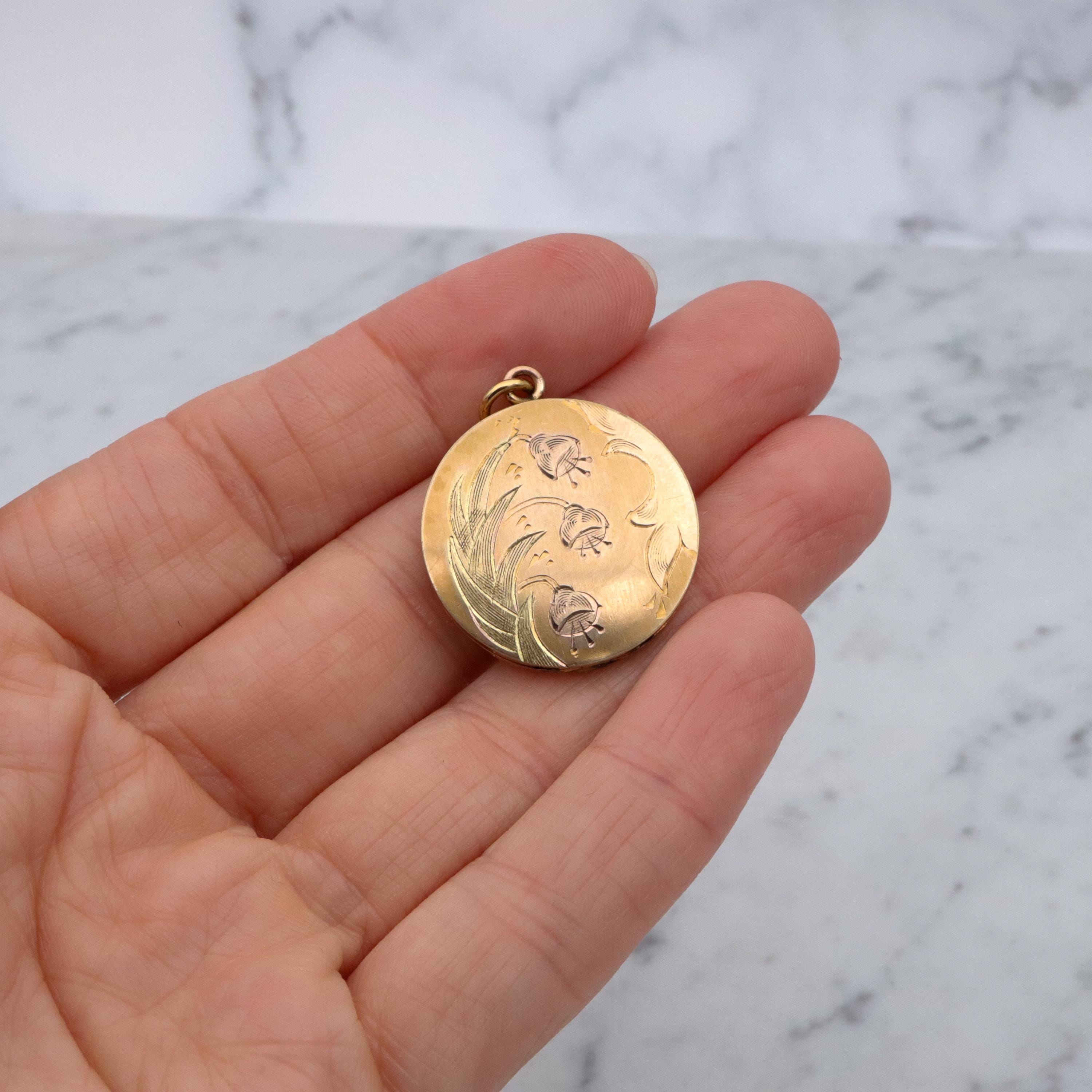 Edwardian tri-color gold filled floral engraved circle locket pendant