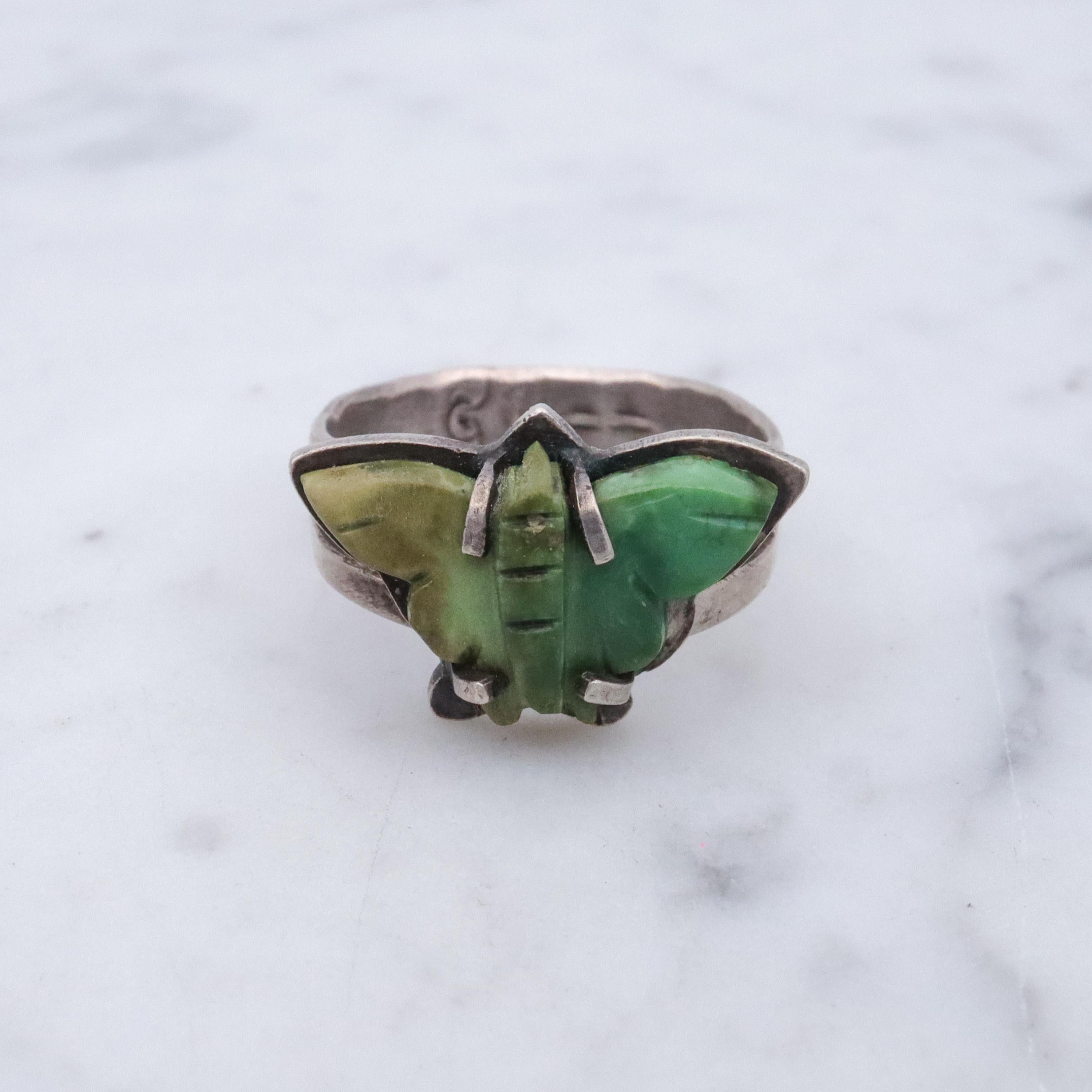 Vintage handmade carved turquoise butterfly hammered sterling ring, size 6