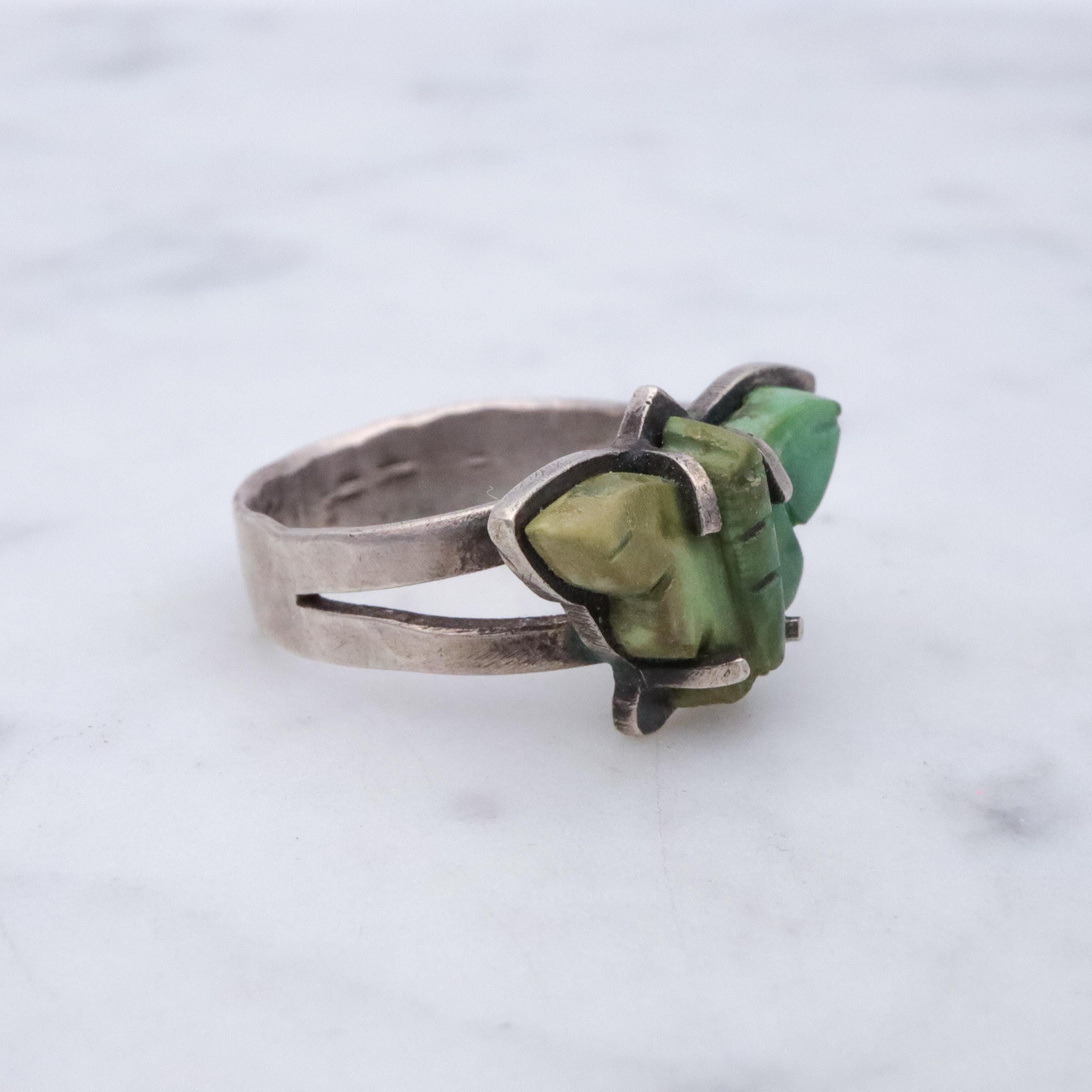 Vintage handmade carved turquoise butterfly hammered sterling ring, size 6