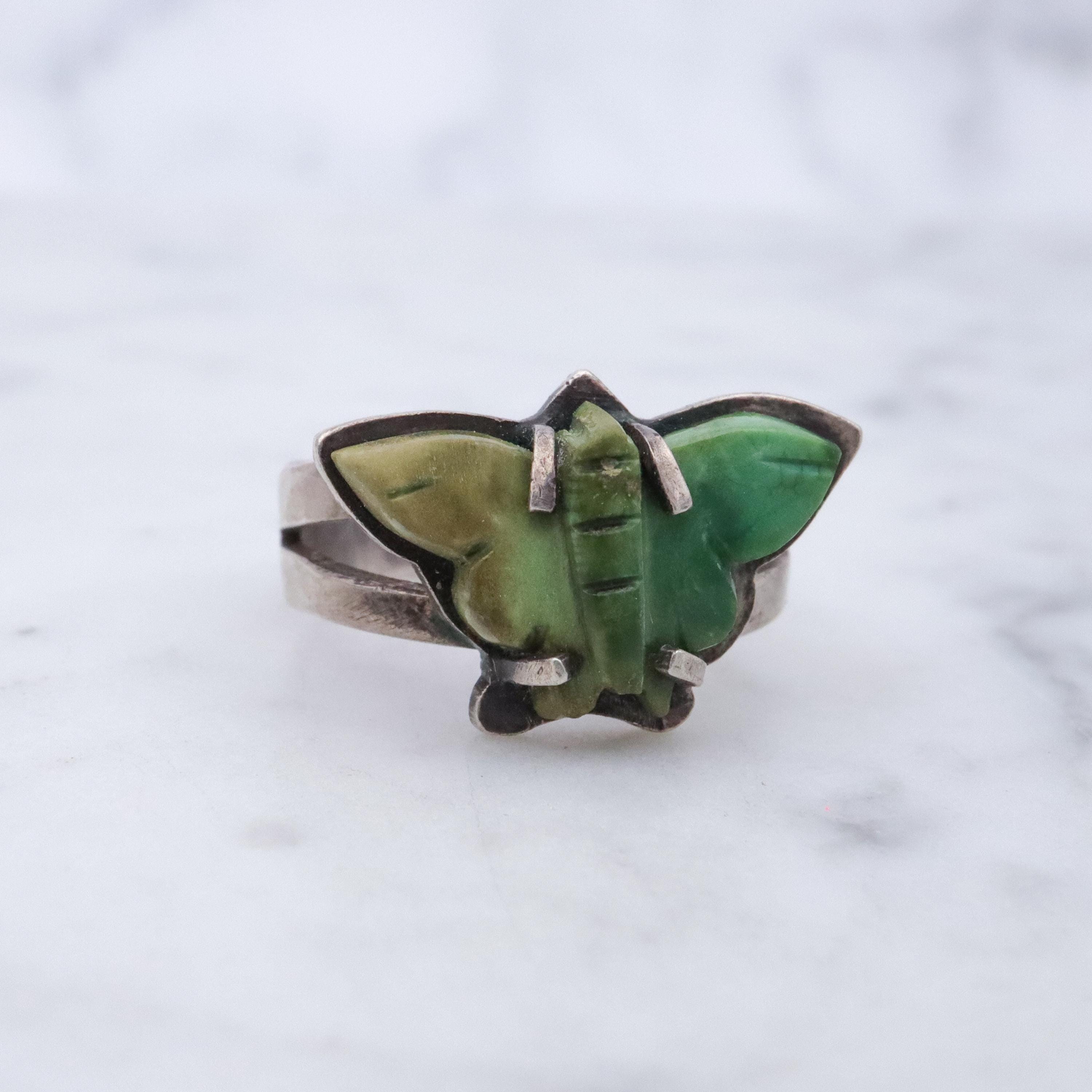Vintage handmade carved turquoise butterfly hammered sterling ring, size 6
