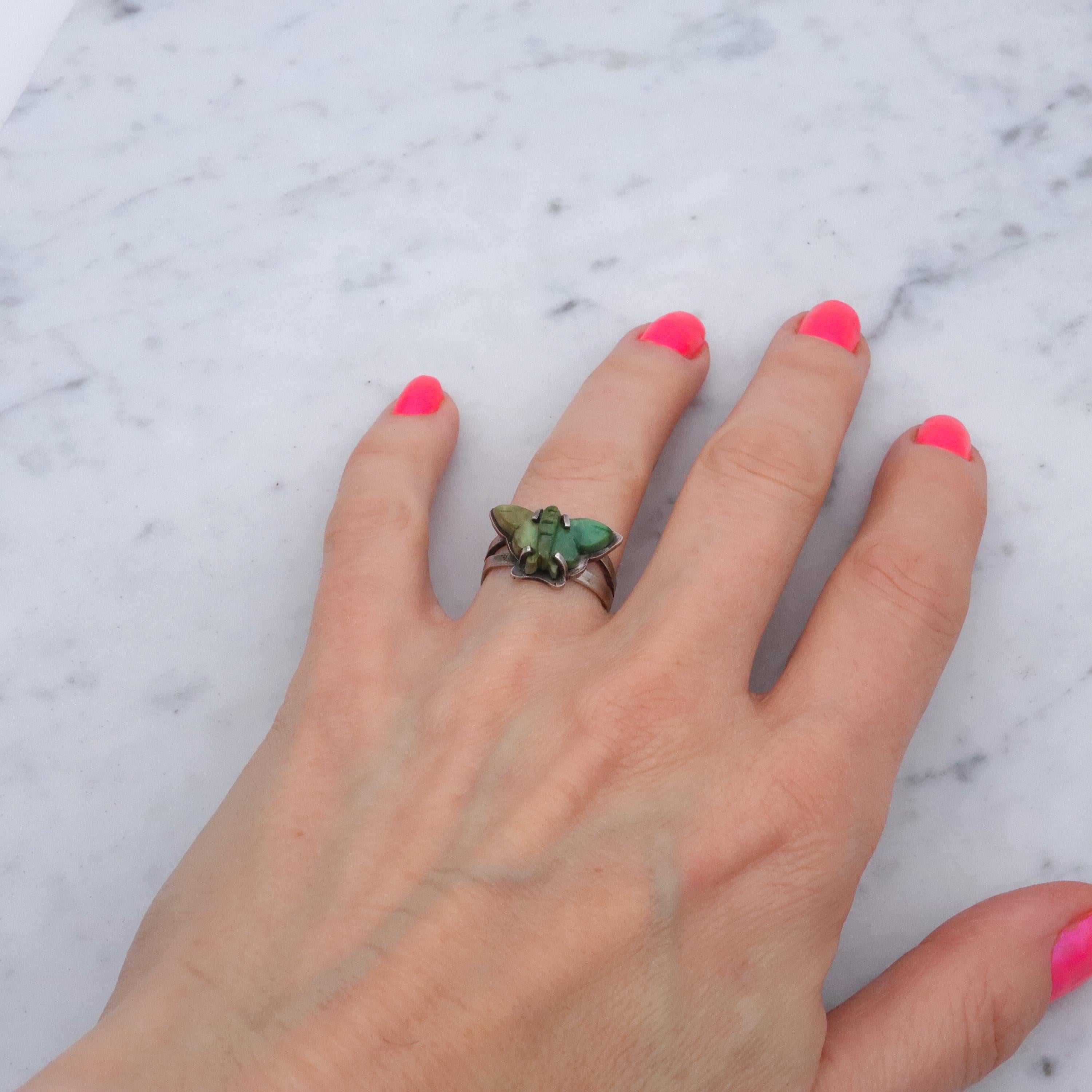 Vintage handmade carved turquoise butterfly hammered sterling ring, size 6