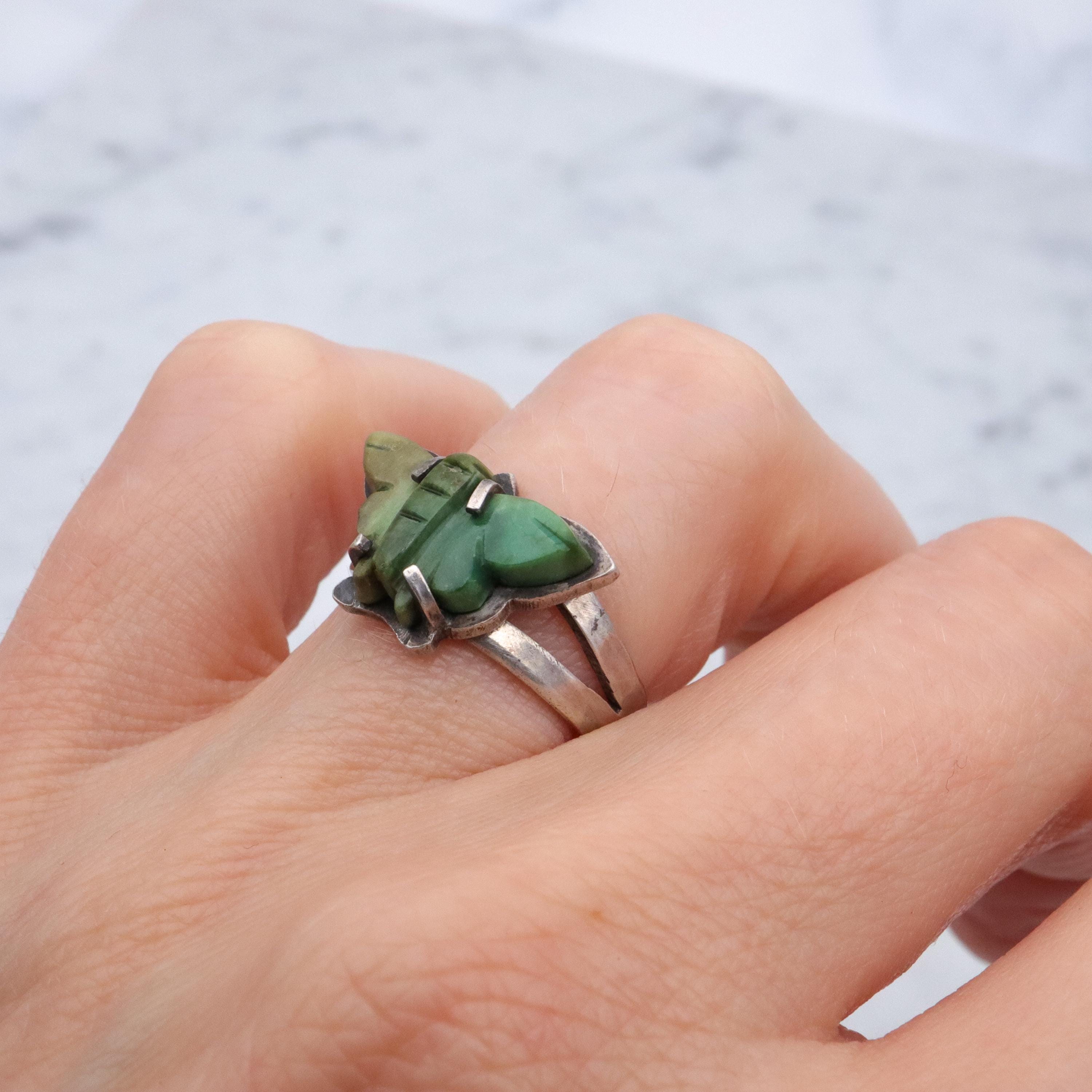 Vintage handmade carved turquoise butterfly hammered sterling ring, size 6
